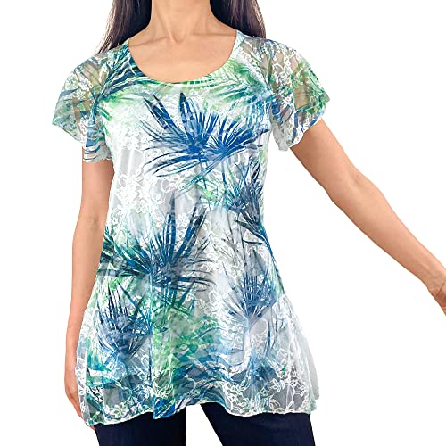 Flutter Short Sleeve - Green Blue Palm Tree Leaves/White Stretch Lace
