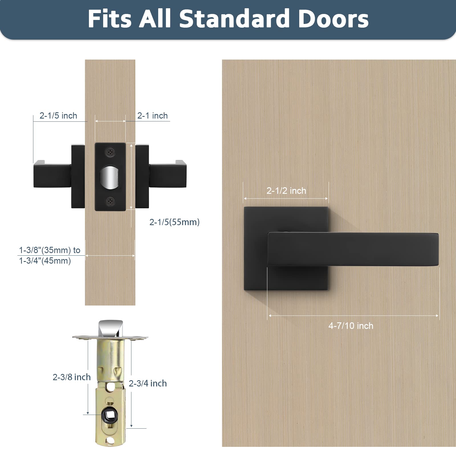 Matte Black Door Handles - Universal Keyless Leverset for Hallway Closets & Interior Doors (1PC) - Perfect for Home & Office Use