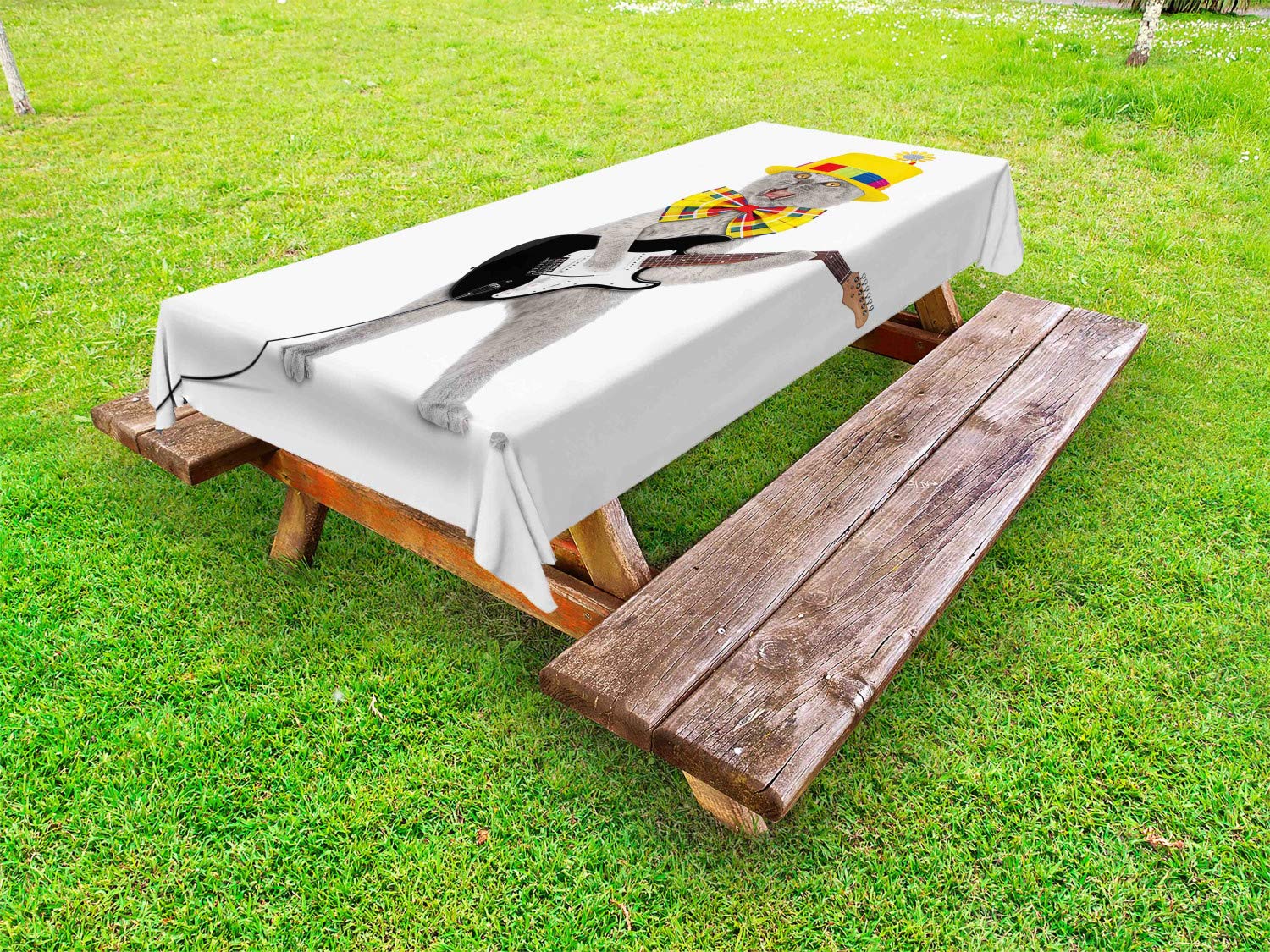 Ambesonne Cat Themed Outdoor Tablecloth - Washable Picnic Table Cover with Musician Kitty Design, 58