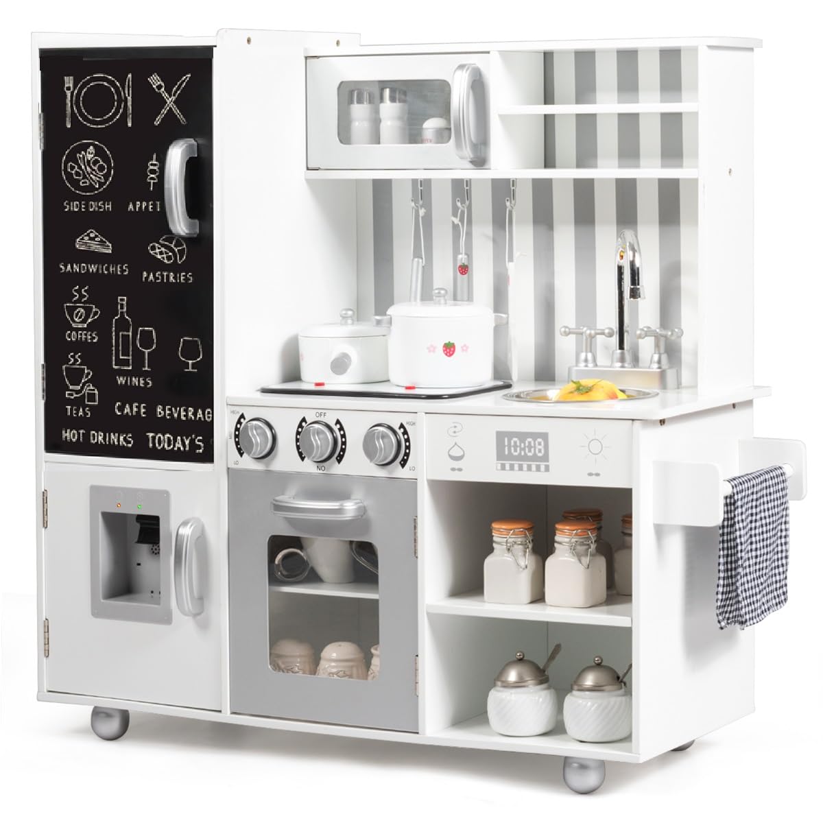 Costzon Wooden Kids Kitchen Playset with Realistic Sounds - Pretend Chef Cooking Toy Set for Toddlers Ages 3+ | Includes Utensils, Blackboard, Water Dispenser, Oven & Sink | Perfect for Imaginative Play, Birthday Gifts & Preschool Learning (Boys & Girls)