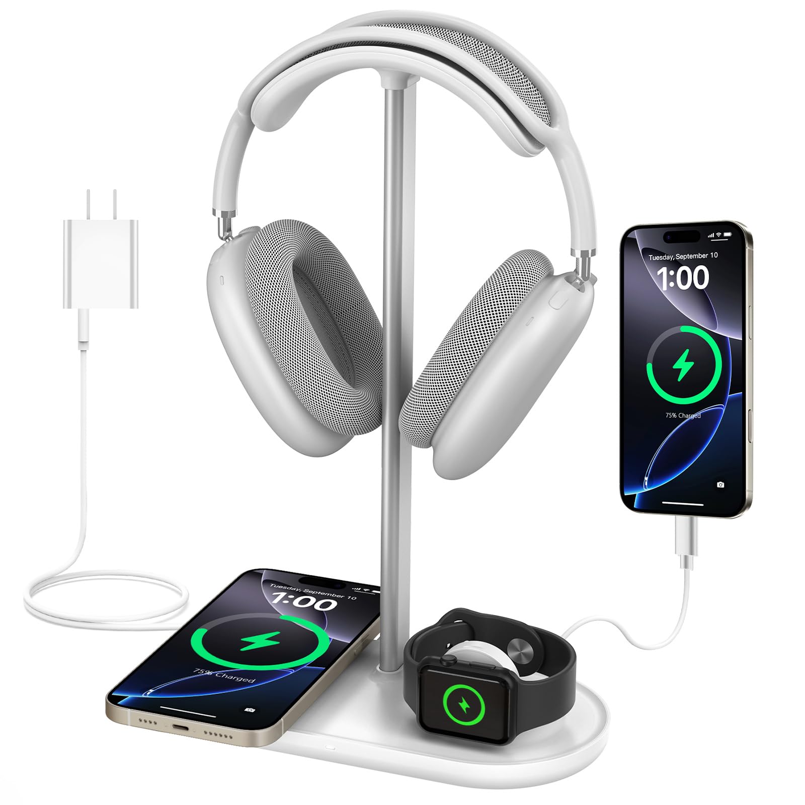 Premium 4-in-1 Wireless Charging Headphone Stand for Desk - Fast Qi Charger for iPhone 14/13/12, AirPods, Apple Watch, Samsung Galaxy - Universal Holder for AirPods Max, Bose, Beats, Sony Headphones - Perfect for Home Office, Gaming Setup & Workspace Organization (Powder White)