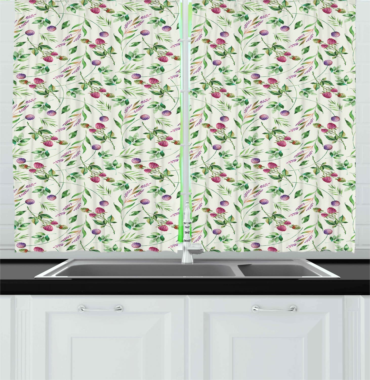 Ambesonne Nature Long Kitchen Curtains - Raspberry Spring Branches Leaves Watercolor Design, 2 Panel Rod Pocket Drapes 55x45 Inches, Pink Green Violet Floral Decor for Windows, Dining Room & Farmhouse Style