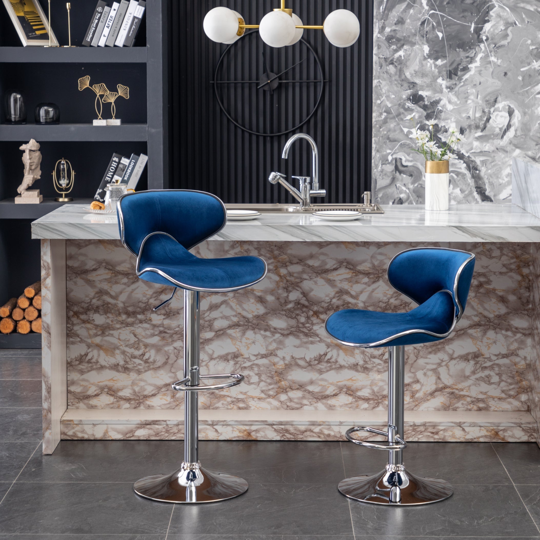 Roundhill Furniture Masaccio Velvet Upholstered Adjustable Swivel Bar Stool - Set of 2 Blue Counter Height Stools for Kitchen Island, Bar, or Breakfast Nook