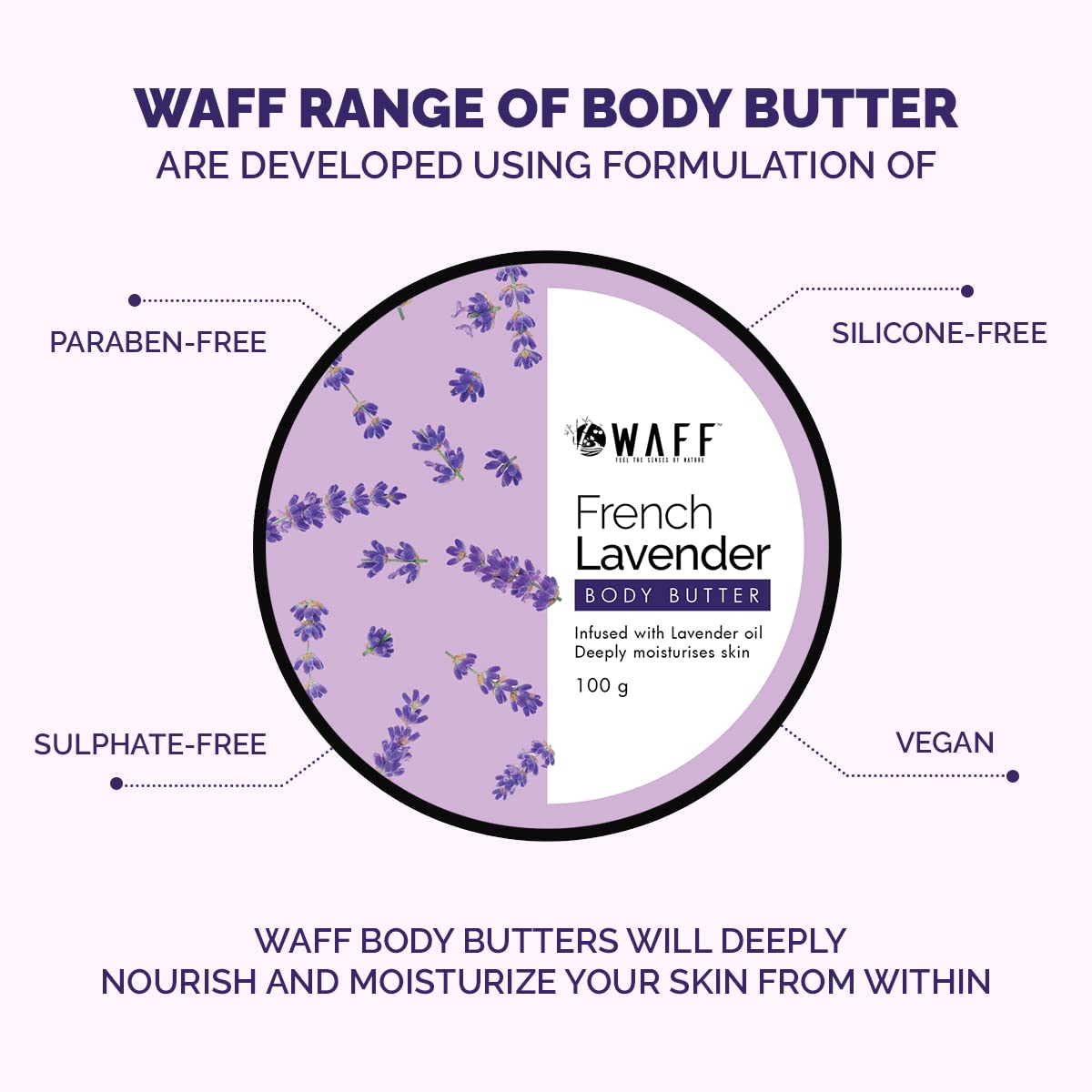 WAFF Lavender Body Butter Cream 100gm - Deep Hydrating Moisturizer with French Lavender Oil & Vitamin E for Dry, Itchy Skin - Non-Greasy Winter Care for Women & Men - Soothing Aromatherapy for Relaxation & Bedtime Routine