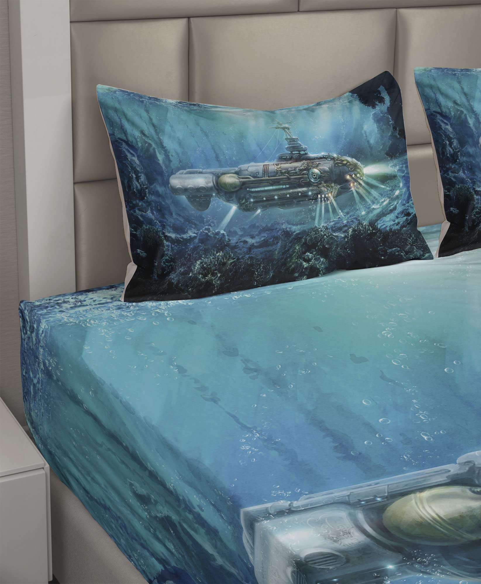 Ambesonne Fantasy Bed Sheet Set 4-Piece - Science Fiction Submarine Underwater Digital Print Duvet Cover - King Size Grey & Aqua Futuristic Bedding for Modern Bedrooms, Guest Rooms & Sci-Fi Themed Decor