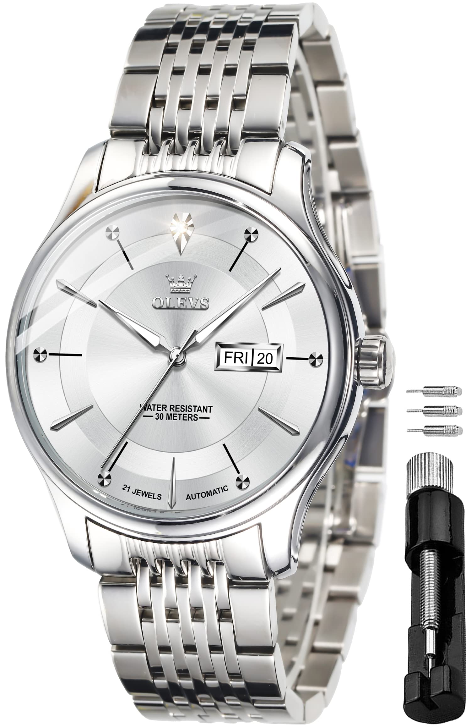 OLEVS Men's Automatic Self-Winding Luxury Dress Watch with Diamond Markers, Calendar, Waterproof & Luminous - Perfect for Business, Formal Events & Everyday Wear