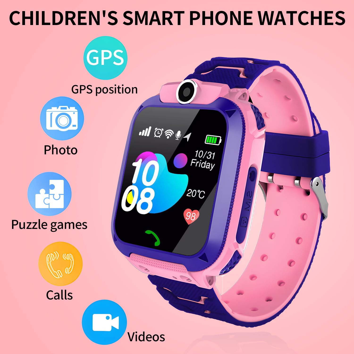 Waterproof Kids Smart Watch with SIM Card, Call Function, Touch Screen, HD Camera, Music Player, GPS Tracker & Puzzle Games - Perfect Gift for Boys & Girls Ages 3-12 (Pink) | Ideal for Outdoor Play, School Safety & Parent-Child Communication