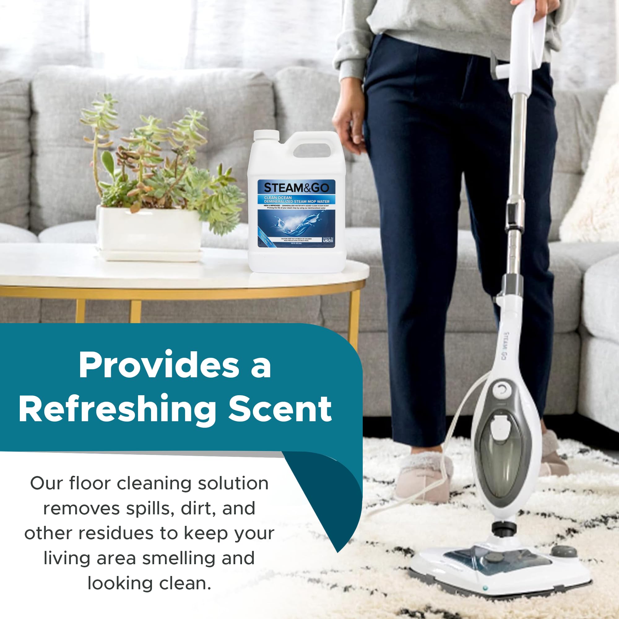 Steam & Go Demineralized Water for Steam Mops - PVC-Free Floor Cleaner Solution (32oz) | Compatible with All Steam Mops | Ready-to-Use Multi-Surface Cleaner | Ocean Scented | Perfect for Hardwood, Tile & Laminate Floors