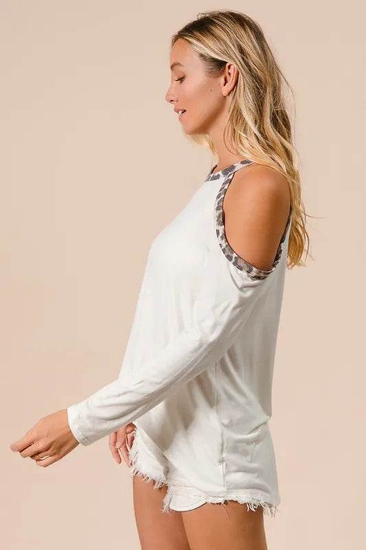 Stylish BiBi Jersey Knit Cold Shoulder Top with Leopard Print Neckline - Trendy Women's Fashion for Casual Outings & Date Nights