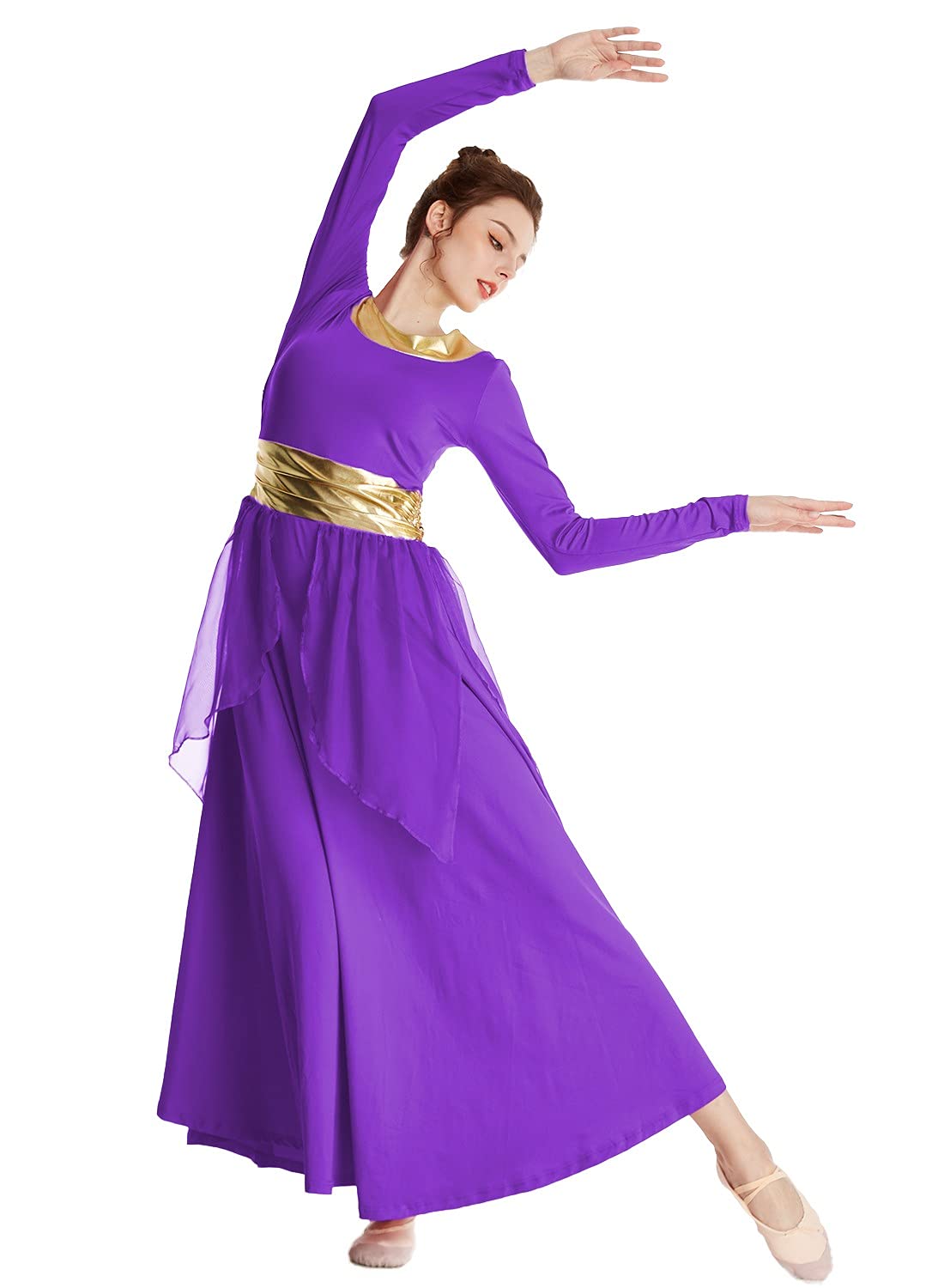 REXREII Women's Praise Dance Robe - Metallic Waistband Long Sleeve Liturgical Worship Dress with Chiffon Skirt for Church Performances, Choir Concerts & Lyrical Dance Costume - Perfect for Easter, Christmas & Baptism Ceremonies