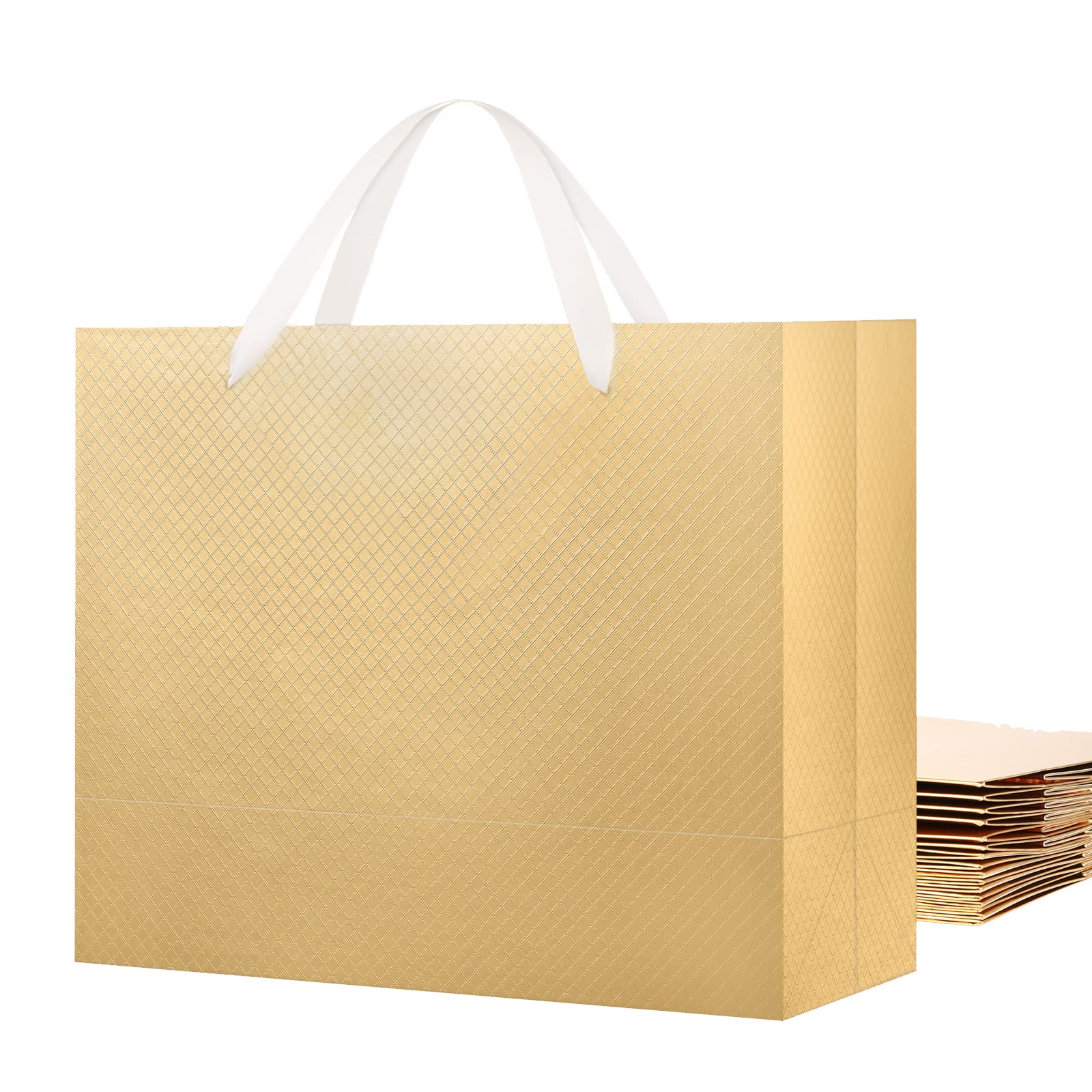 Premium Gold Gift Bags with Handles - 12 Pack 13x5x10 Inch Large Glossy Lattice Texture Gift Bags for Birthdays, Weddings, Christmas & Party Favors - Elegant Gift Packaging for Any Occasion