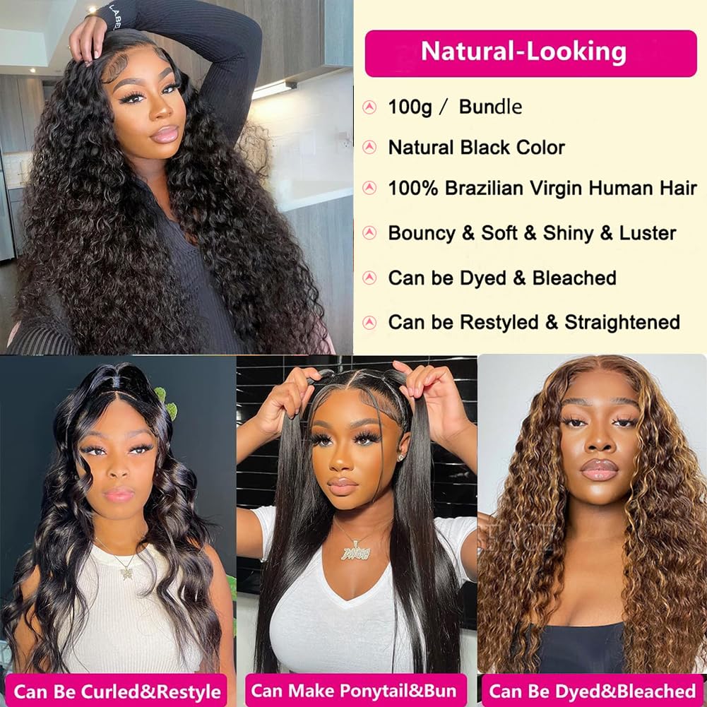 Seekomi 100% Unprocessed Brazilian Human Hair Bundles 26 28 30 Inch - 12A Grade Water Wave Natural Black Color Double Weft 3 Bundles for Weaving, Extensions & Styling
