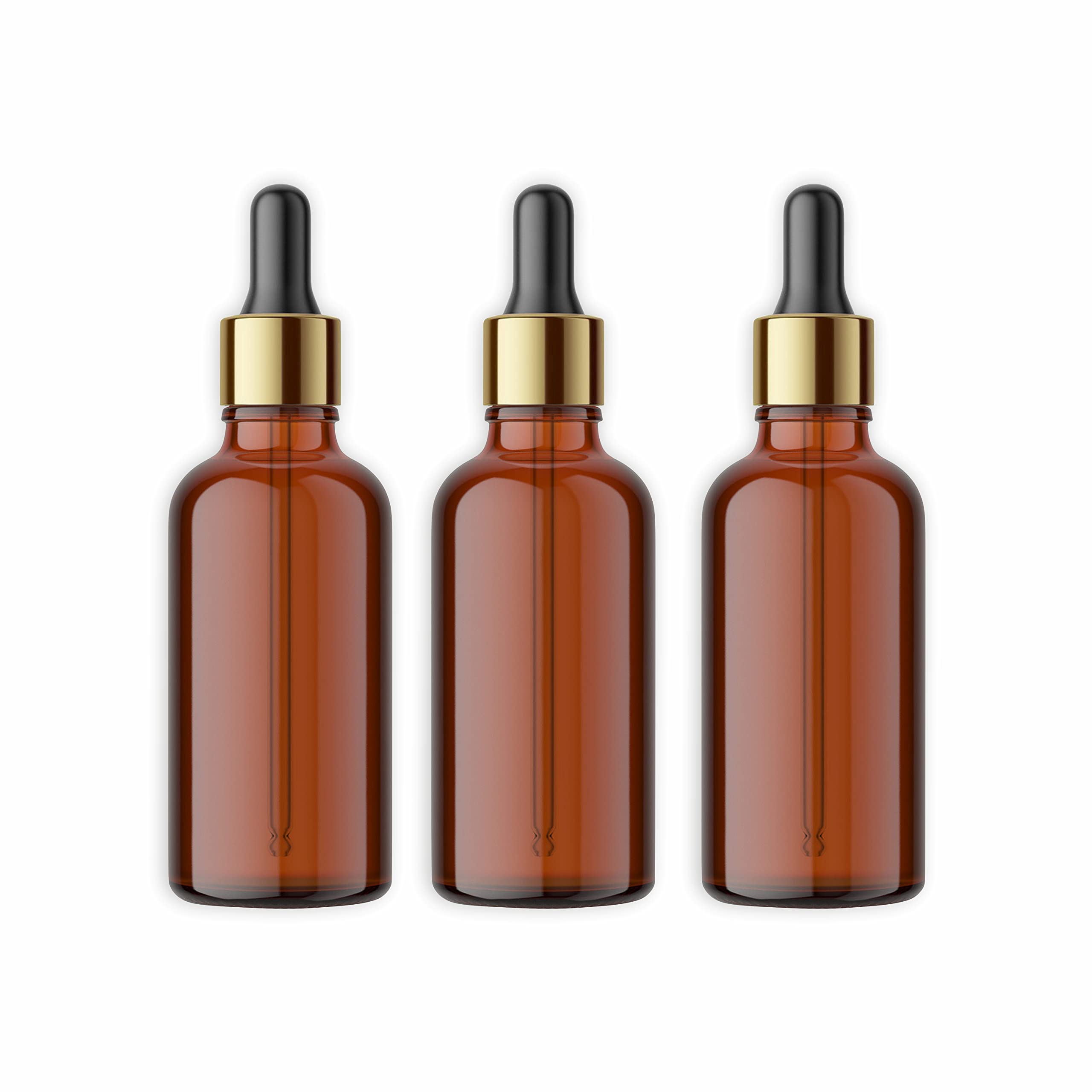 50ml Amber Glass Dropper Bottles with Golden Ring & Black Silicone Cap - Refillable Essential Oil Bottles for DIY, Tinctures, Serums & Cosmetics (Pack of 3) | Perfect for Aromatherapy, Skincare & Travel-Sized Beauty Products