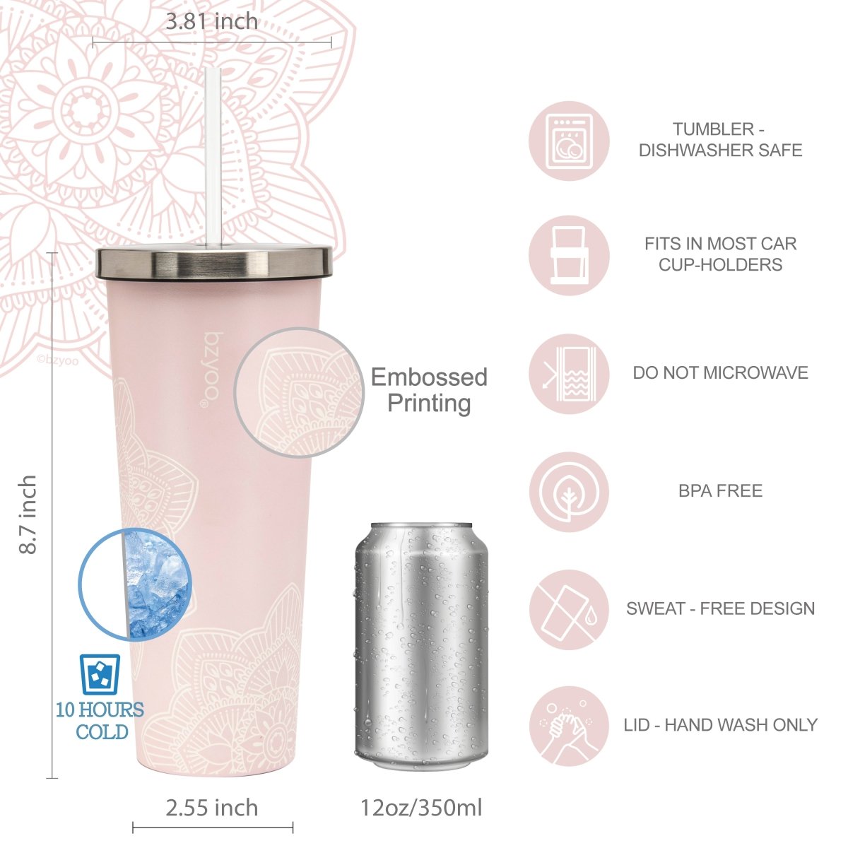 24oz Double Wall Vacuum Insulated Stainless Steel Tumbler with Straw Lid - La La Mandala Pink | Leakproof Travel Mug for Hot & Cold Drinks | Perfect for Gym, Office, Hiking & Outdoor Activities