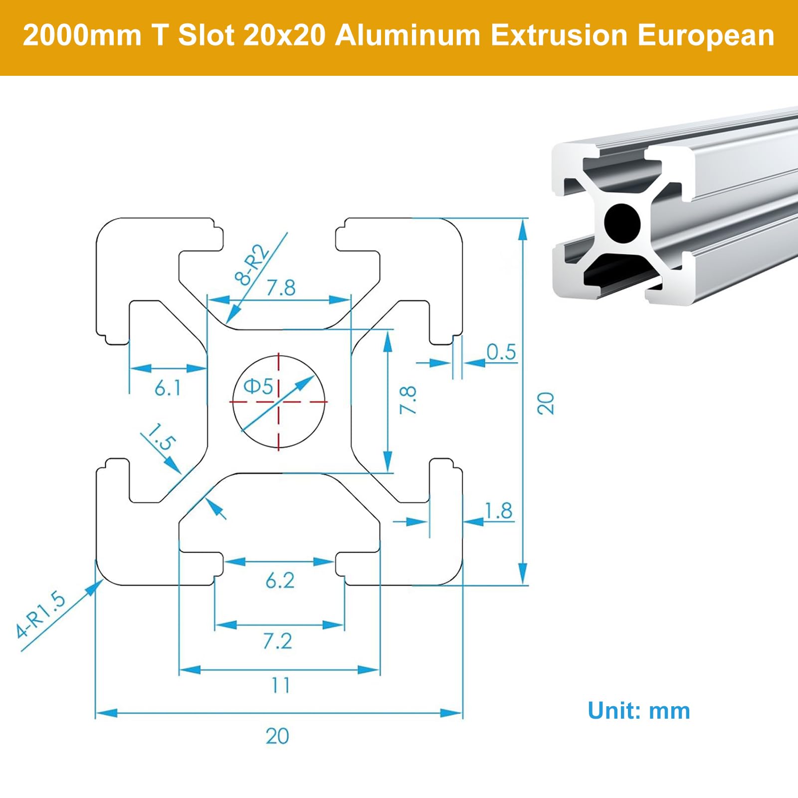 2000mm T Slot Aluminum Extrusion - 10PCS 20x20 European Standard Silver Anodized Linear Rails - High Strength Guide Frame for 3D Printer Parts, CNC Machines & DIY Projects - Perfect for Building Custom Workstations, Robotics & Industrial Automation Systems