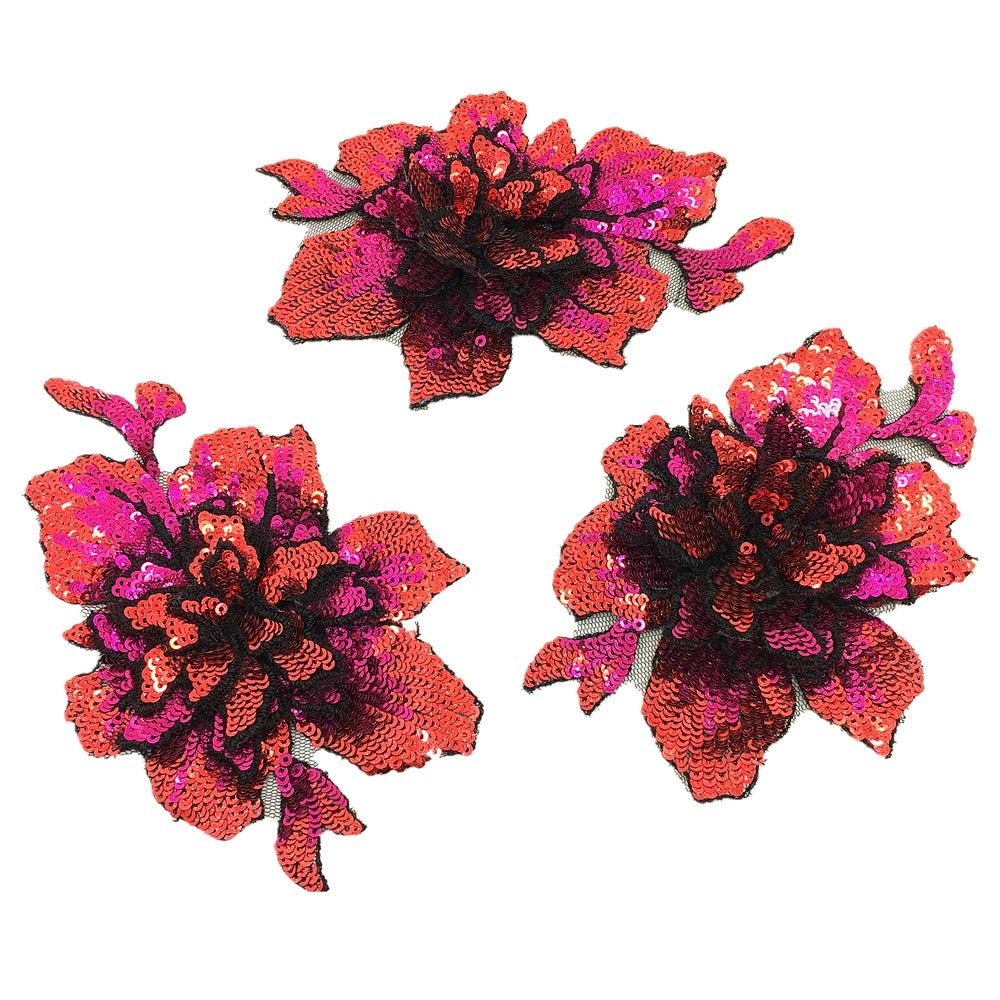 Rose Sequin Embroidered 3D Lace Collar Flower Corsage Neckline DIY Applique Clothing Patch - Elegant Lace Accessories for Dresses, Blouses & Wedding Attire (Rose Red)