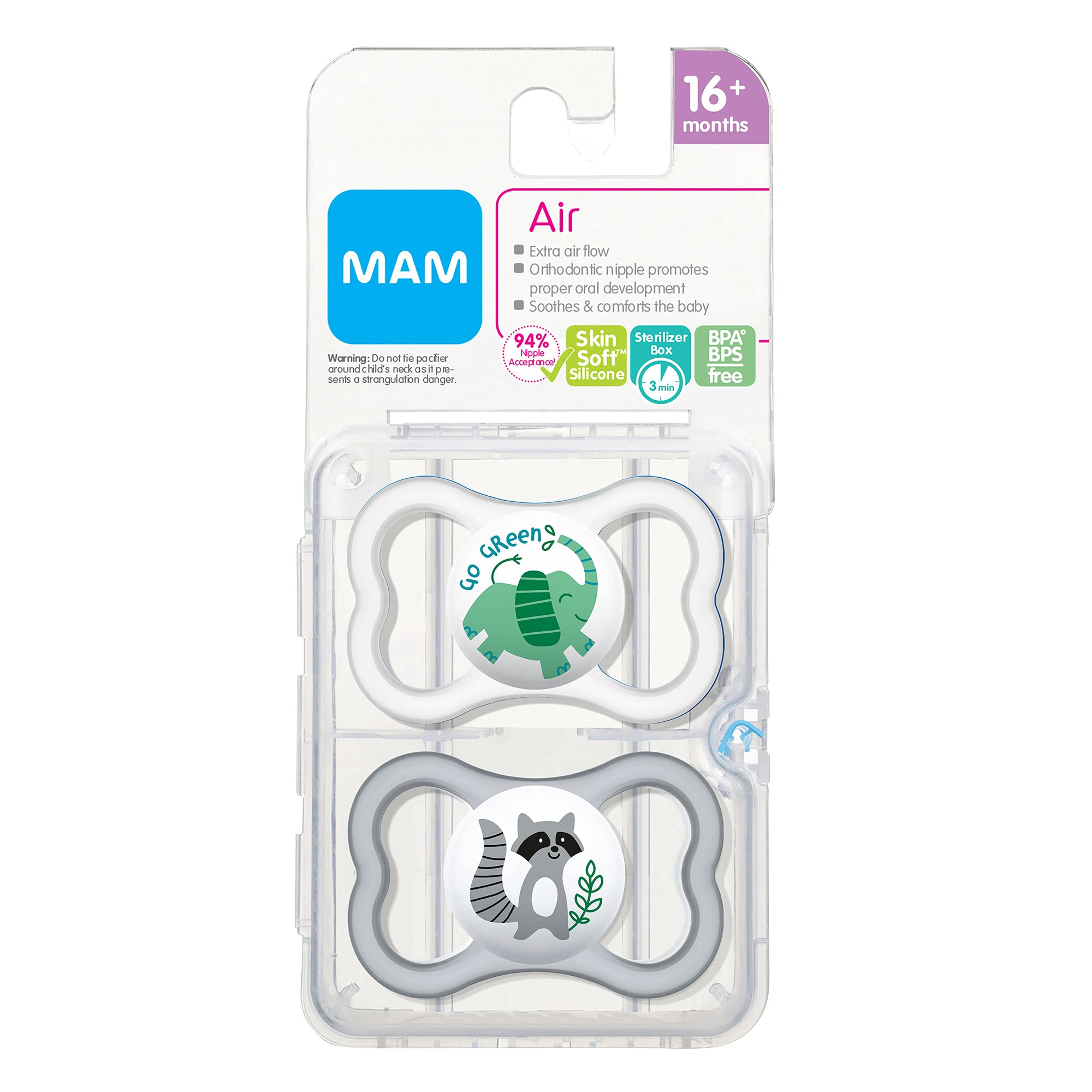 MAM Air Baby Pacifier for Sensitive Skin - 2 Pack with Sterilizer Case - BPA-Free Orthodontic Soothers for 16+ Months Boys & Girls - Perfect for Travel, Daycare & Teething Relief