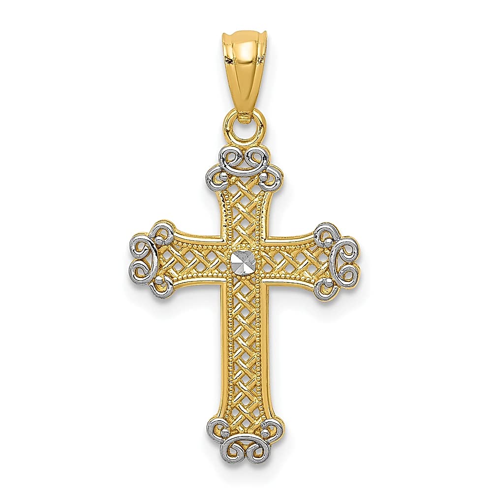 14K Yellow Gold Filigree Cross Pendant Necklace with Fleur de Lis - Religious Jewelry for Women - Elegant Gift for Her - Perfect for Church, Weddings & Special Occasions