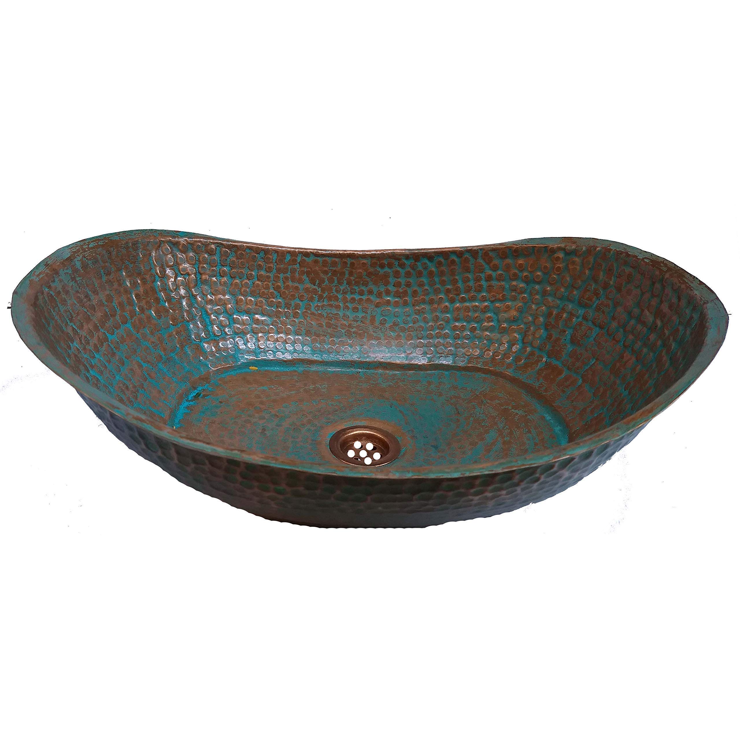 Antique Green Patina Hammered Copper Vessel Sink - Rustic Bathroom Basin for Farmhouse & Vintage Decor | Perfect for Bathroom Vanity, Boat Washbowl, or Canoe Bathing