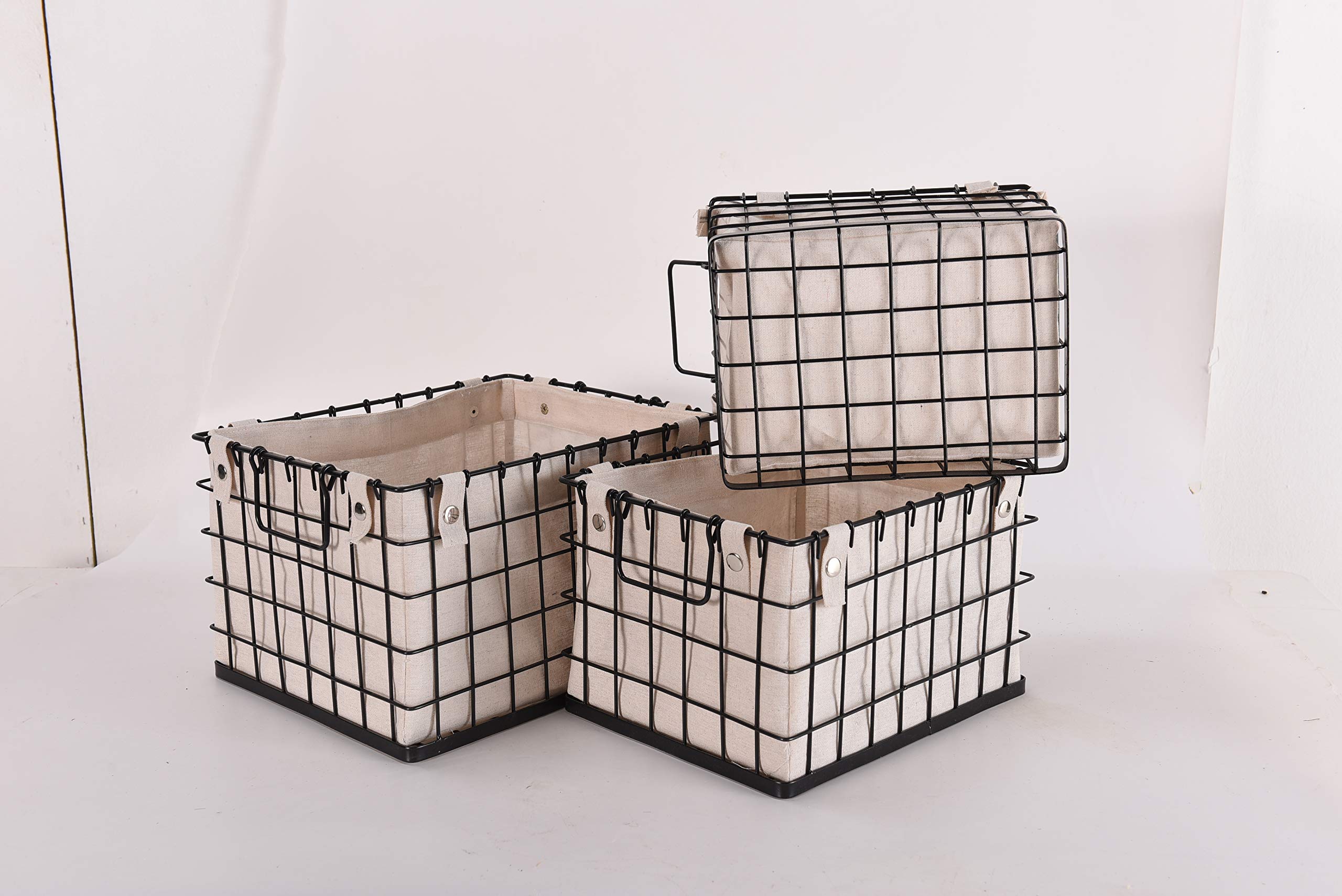 3-Piece Decorative Canvas Lined Brushed Copper Wire Basket Set - Home Storage & Organization Solution for Bathroom, Kitchen, Office & Bedroom
