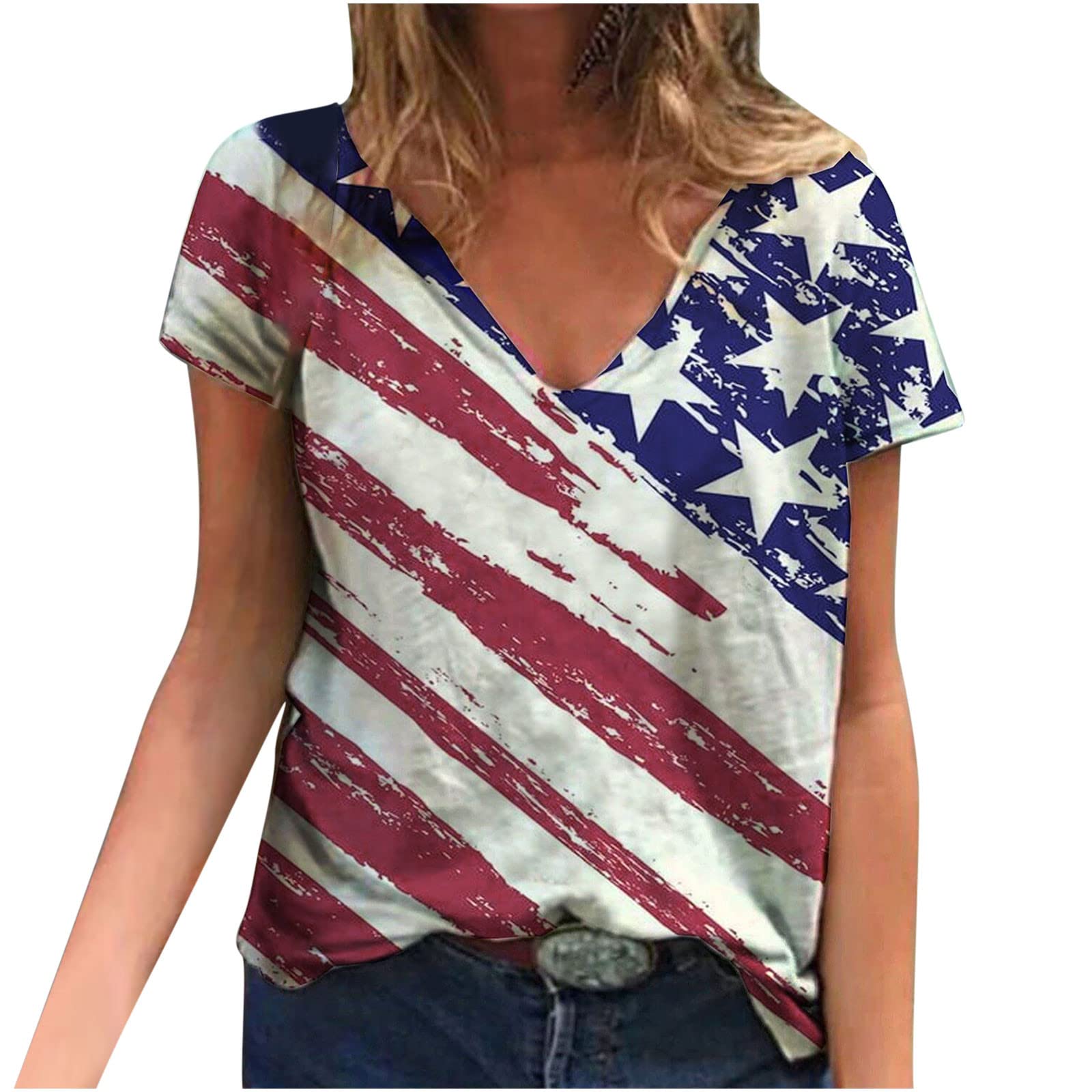 Women's American Flag Crewneck Tank Tops - Summer Fashion 2022 Y2K Style Short Sleeve Workout Shirts, Loose Fit Casual Blouses for Gym, Beach & Streetwear