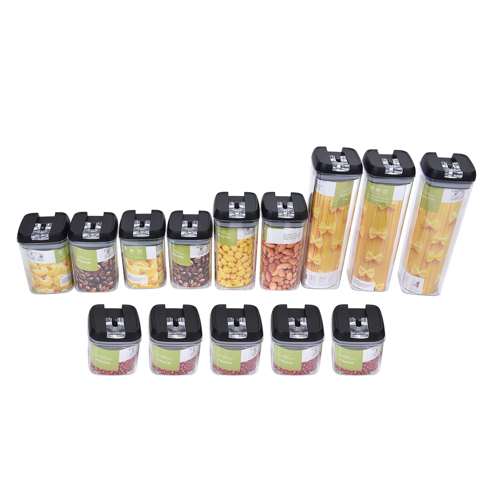 14-Piece Airtight Food Storage Containers Set - BPA-Free Rectangular Grain Canisters for Rice, Flour, Sugar & Nuts (Black Lid with Clear Latches) | Kitchen Pantry Organization & Meal Prep
