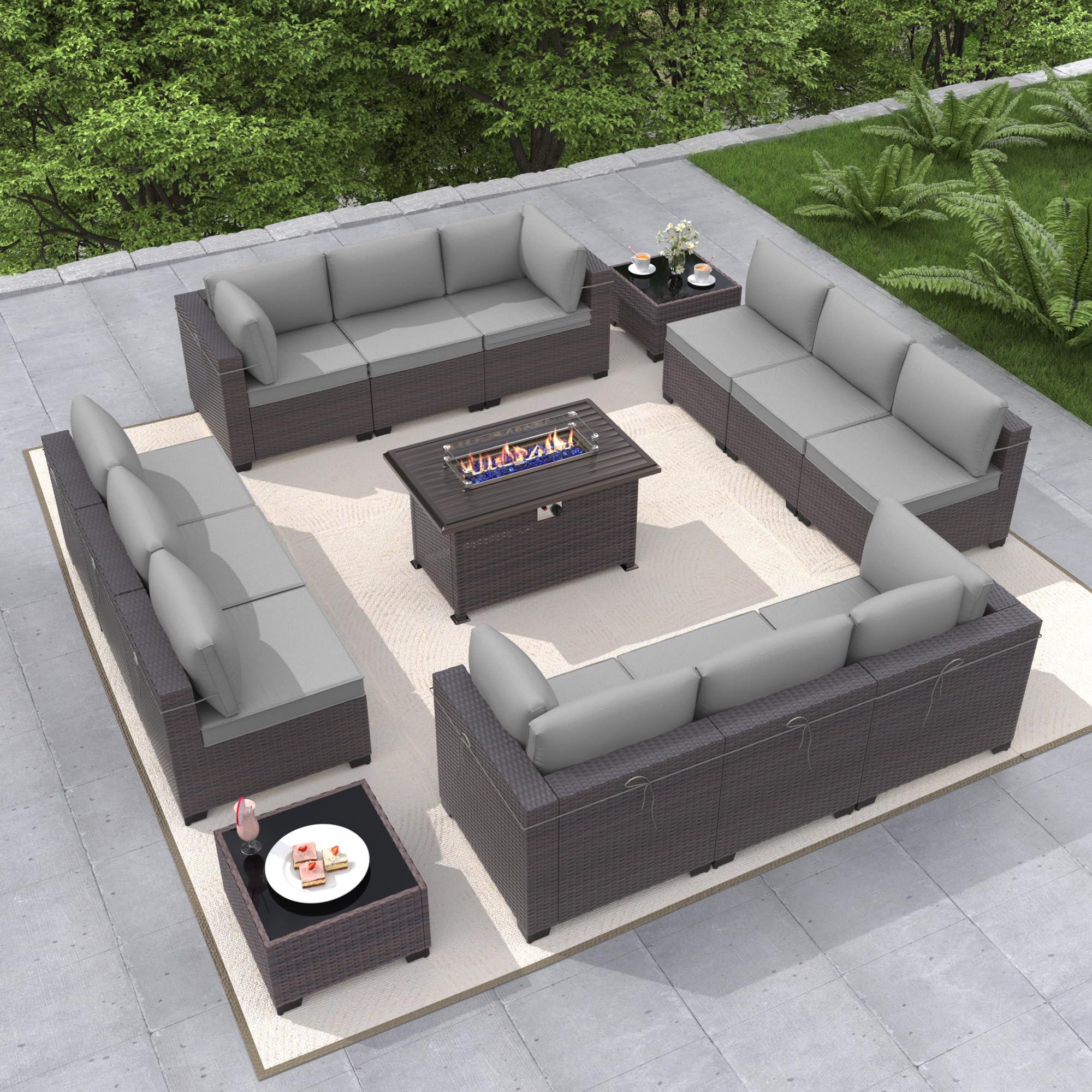 Gotland 15-Piece Outdoor Patio Furniture Set with 43-inch Gas Fire Pit Table - 55,000 BTU Auto-Ignition Sectional Sofa Set with Glass Wind Guard - Perfect for Backyard, Garden, Poolside & Outdoor Entertaining