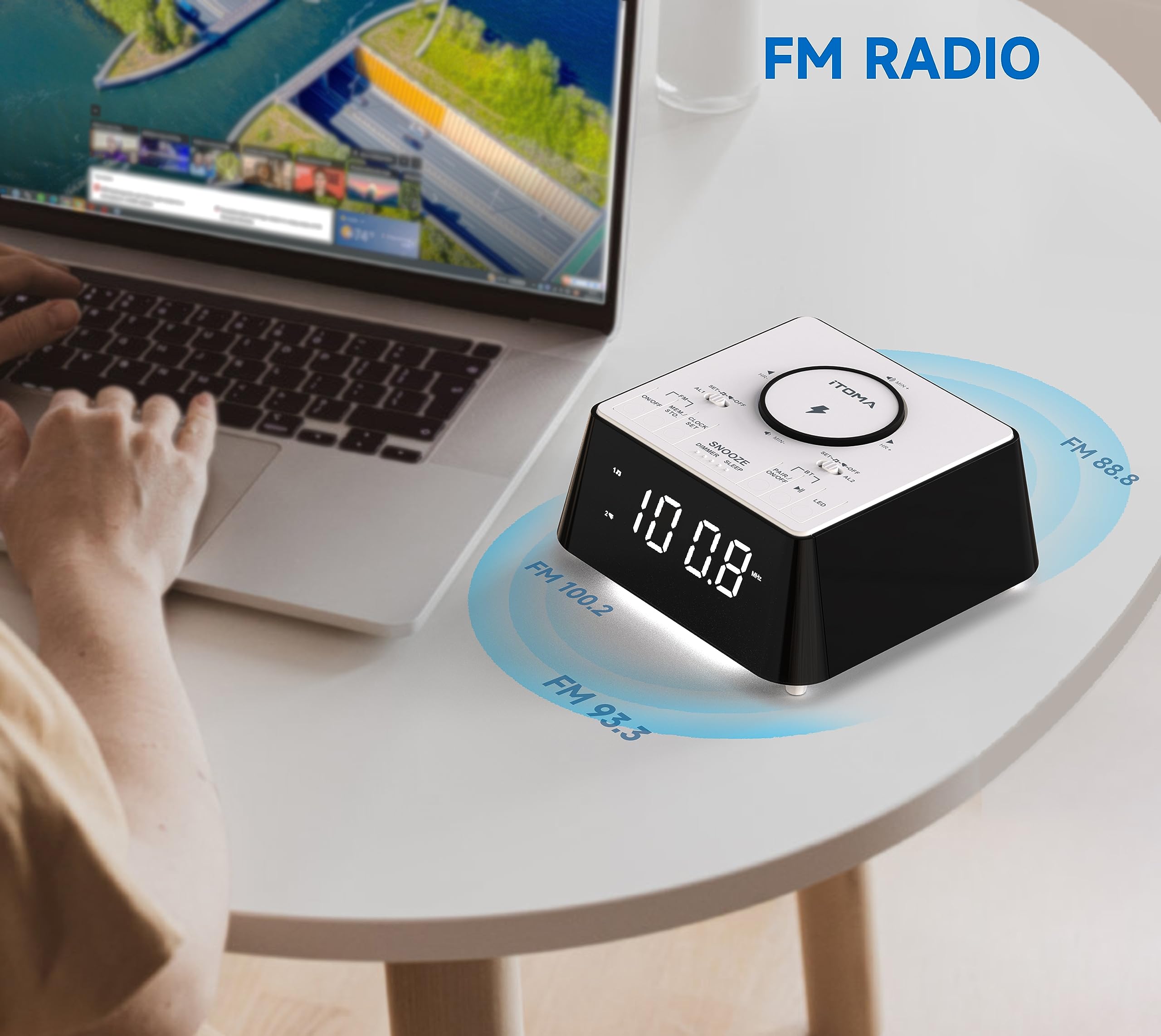 iTOMA Wireless Charging Alarm Clock Radio with Bluetooth Speaker | FM Radio, Dual Alarm & Snooze | USB Charging Port & Night Light | Dimmable Display for Bedroom, Office & Travel (Model 205)