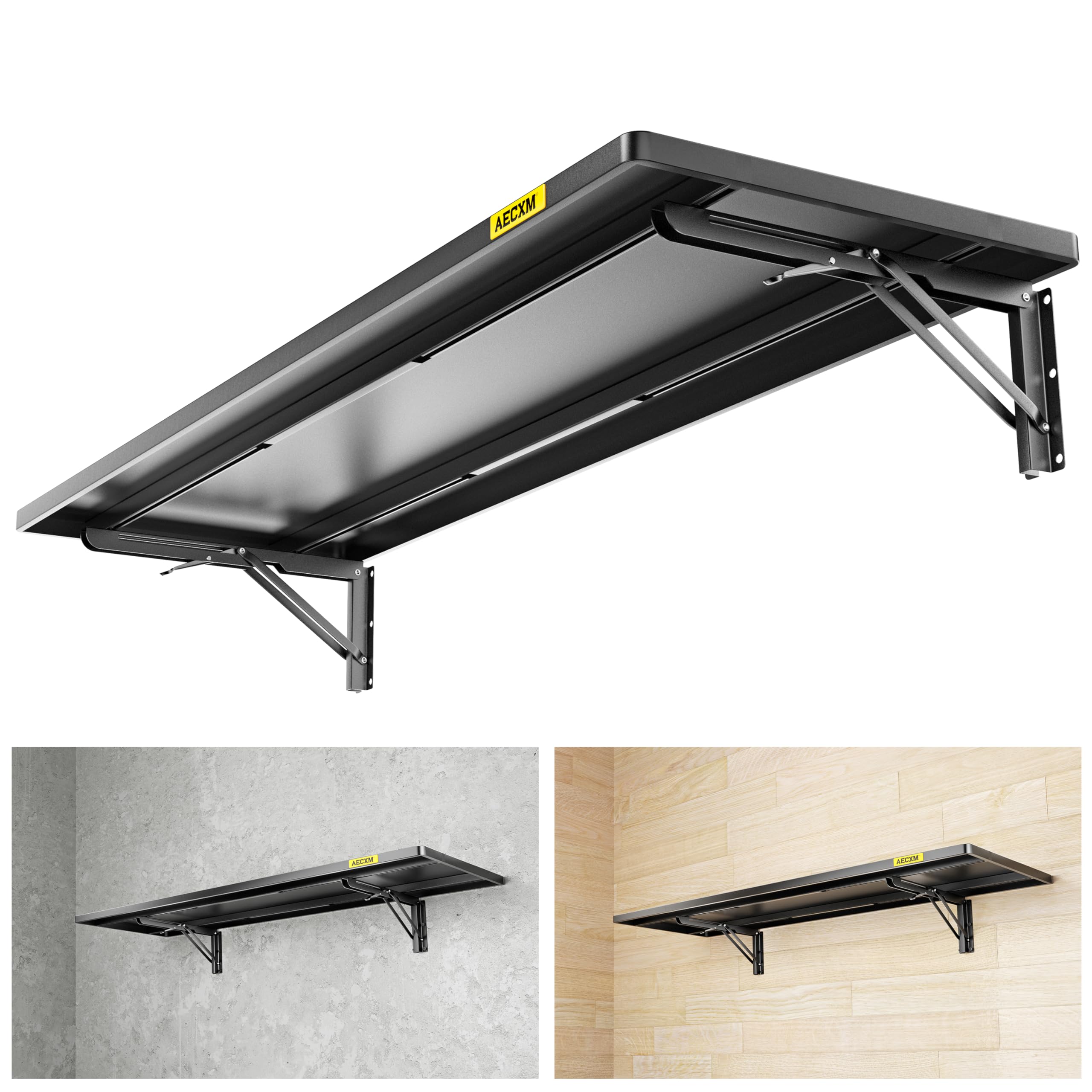 1.3x4ft Adjustable Rail Type Folding Storage Rack Shelf - Heavy Duty Wall Mounted Organizer for Garage, Kitchen, Laundry Room | Space Saving Floating Shelves & Fold Down Table (Black) - Perfect for Small Spaces & Home Organization