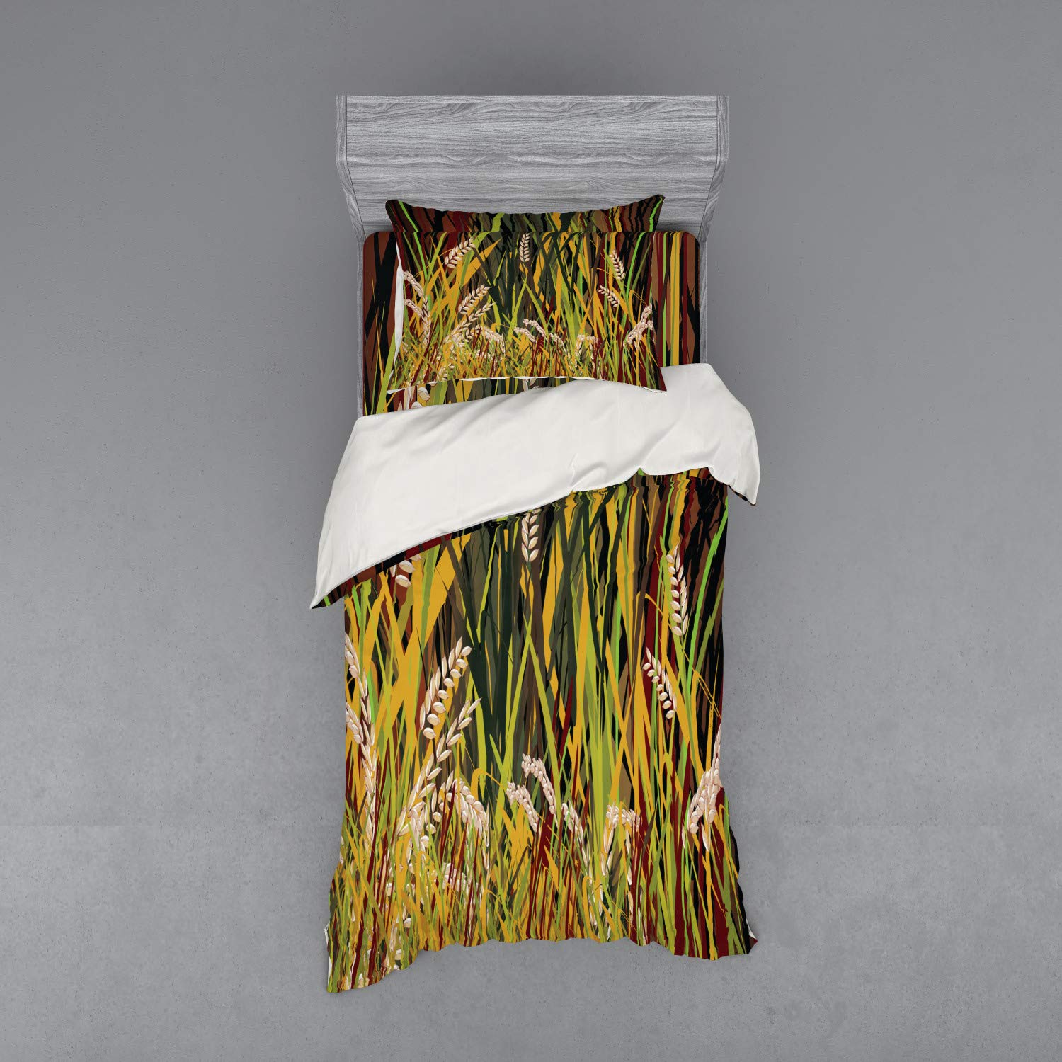 Ambesonne Nature Bedding Set - 3 Piece Duvet Cover with Sham & Fitted Sheet, Twin XL Size, Reeds Dried Leaves Wheat River Wild Plant Forest Farm Country Life Art Print, Multicolor | Perfect for Farmhouse, Rustic & Country Style Bedrooms, Guest Rooms & Vacation Homes