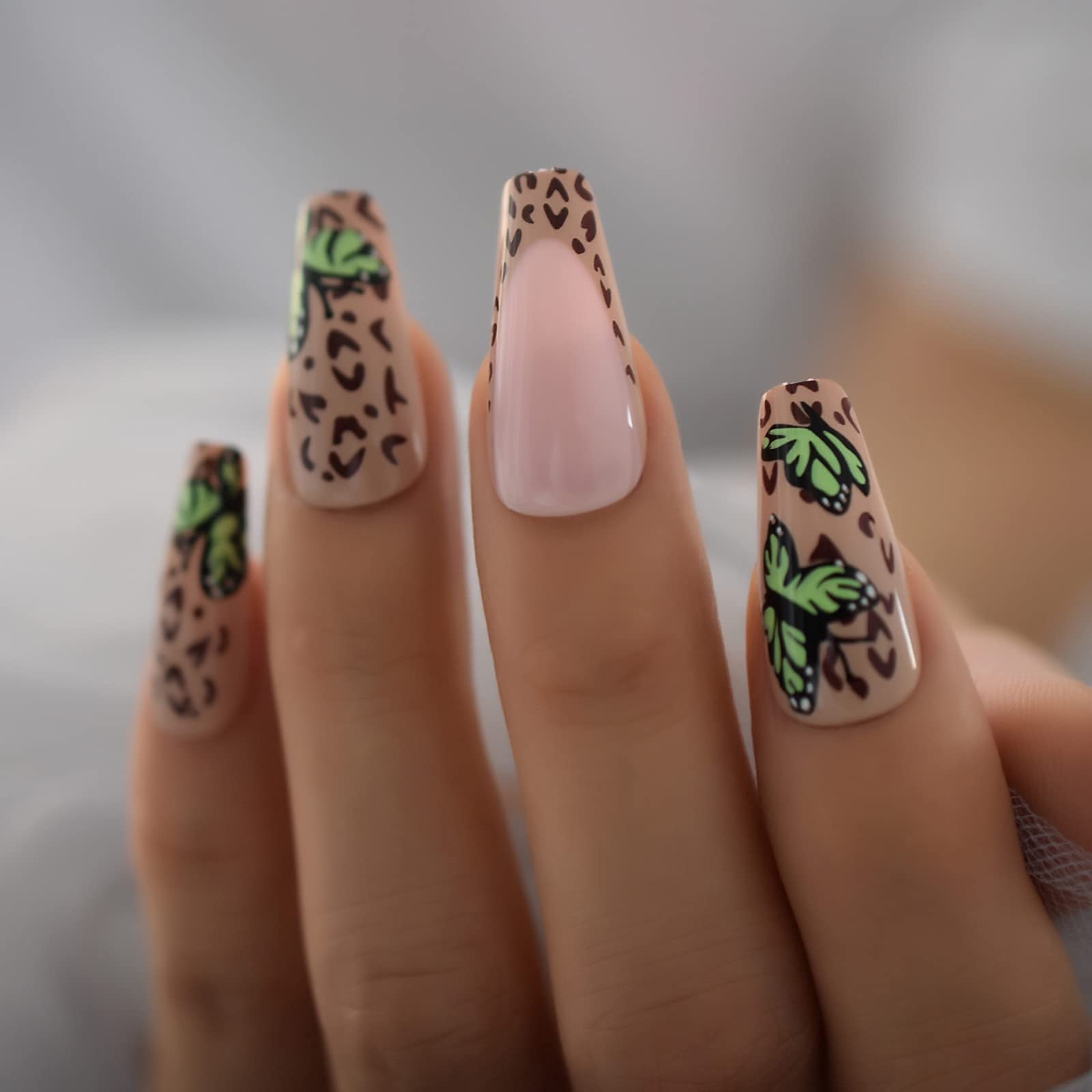 Long Ballerina Press On Nails - Coffin Butterfly & Leopard Design False Nails Set | Acrylic Nail Tips for European & American Style | Perfect for Parties, Weddings & Special Occasions