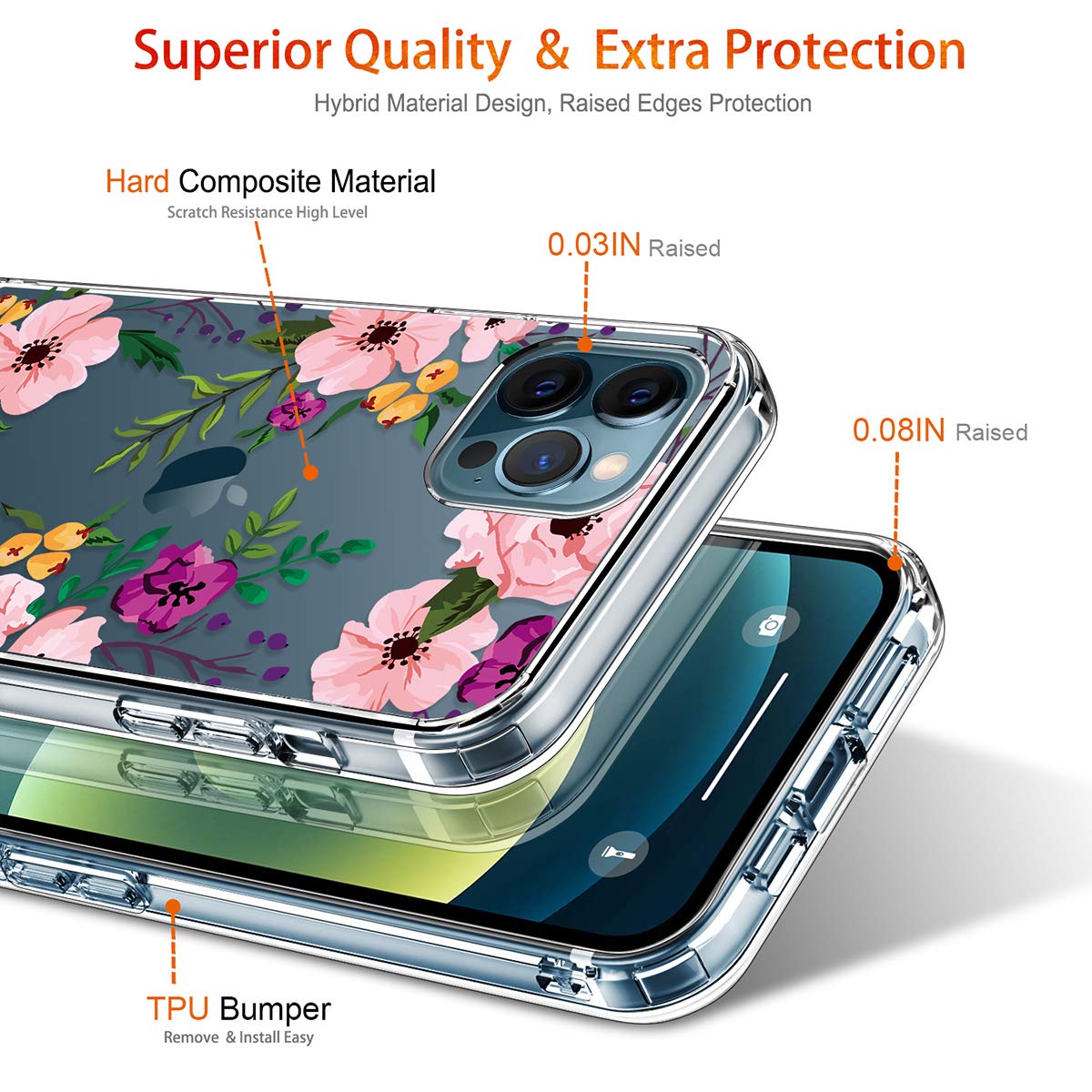 GiiKa Clear Shockproof iPhone 12 Pro Max Case with Screen Protector - Floral Design Hard Case with TPU Bumper for Women & Girls | Perfect for Everyday Protection & Stylish Outfits