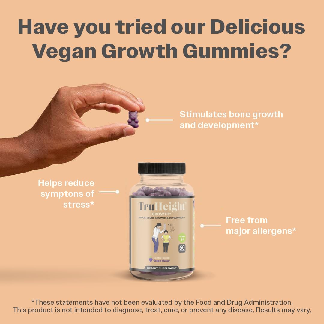 TruHeight Growth Gummies Grape Flavor - Natural Kids & Teens Height Growth Supplement with Vitamin D, K, Calcium & Ashwagandha - Bone Strength Vitamins for Picky Eaters (Ages 5+) - Perfect for School Lunchboxes & After-School Snacks