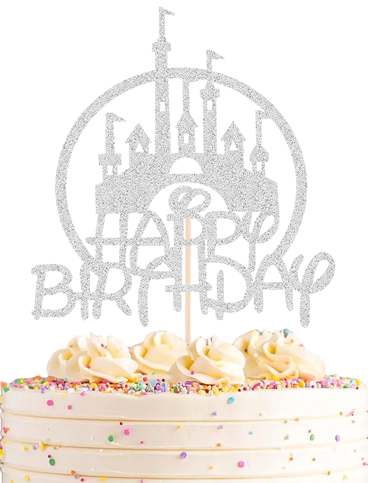 Silver Glitter Castle Cake Topper - Princess & Prince Birthday Party Decoration - Elegant Happy Birthday Cake Decor for Princess Theme Parties - Perfect for Birthday Cakes, Cupcakes & Photo Props
