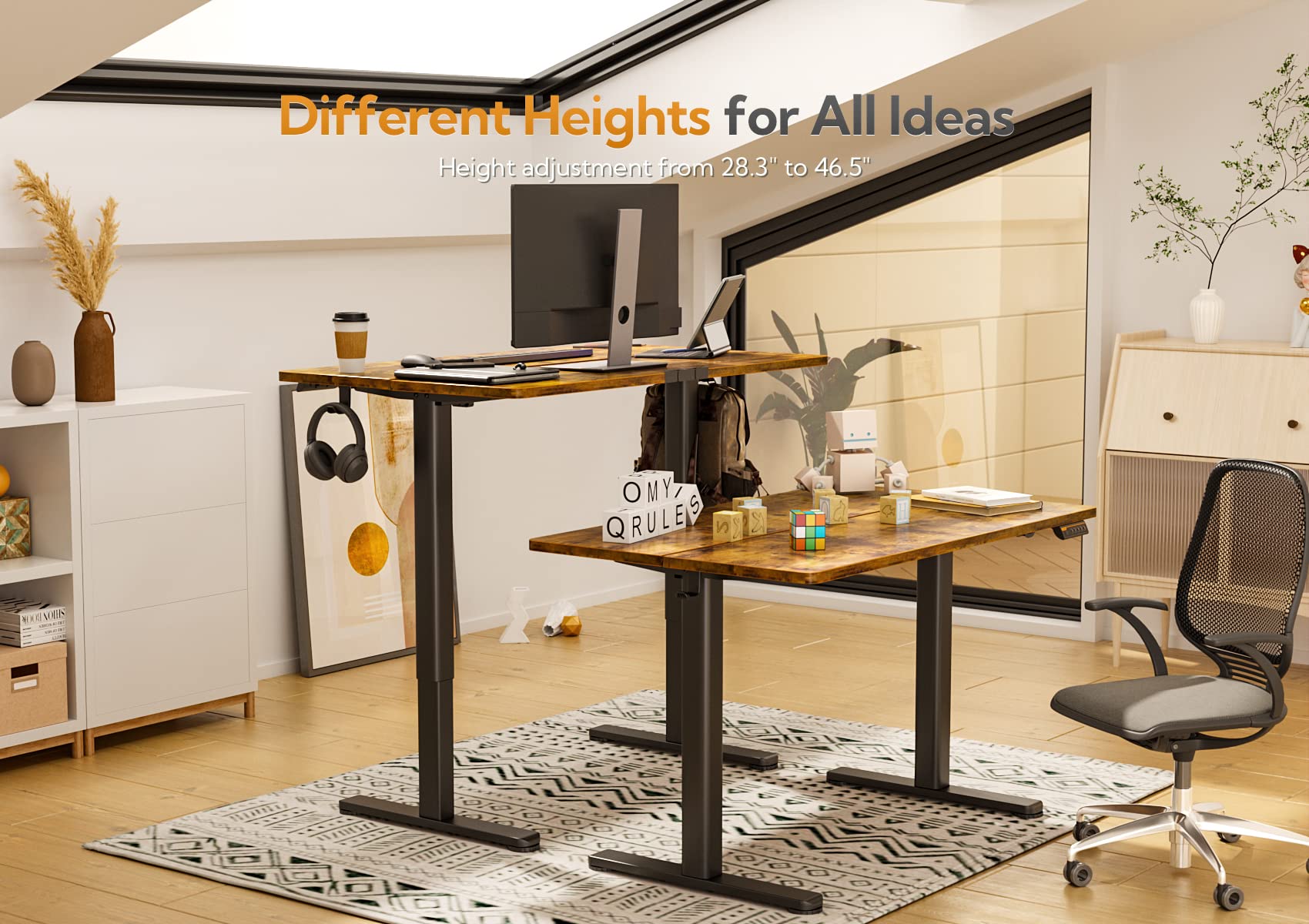 Seang Electric Standing Desk - Adjustable Height Sit Stand Desk with 3 Memory Presets, 63x24 Inches, Black Frame & Rustic Brown Top for Home Office, Gaming & Study Workstation - Ergonomic Computer Desk with Splice Board
