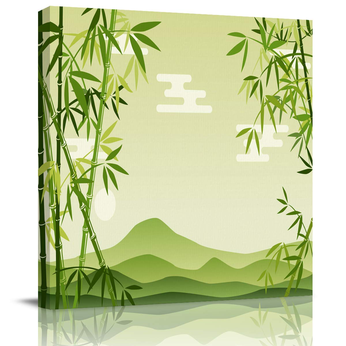 Green Bamboo and Mountains Canvas Wall Art - Framed Bathroom Decor Painting for Living Room, Kitchen, Office | Ready to Hang Home Decor | Perfect for Zen Spaces & Nature-Inspired Interiors