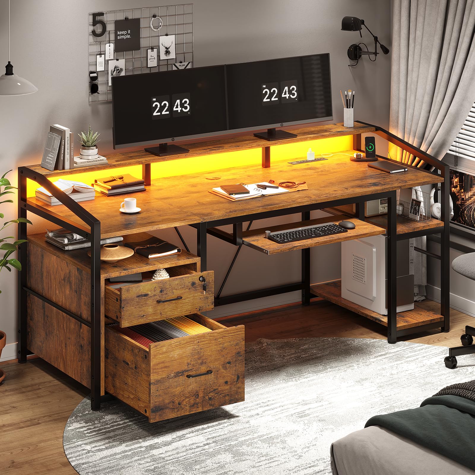 SEDETA 63 Inch Rustic Brown Computer Desk with LED Lights & Power Outlet - Home Office Desk with Lockable File Drawers for Legal/Letter Size, Gaming Desk for PC Setup - Perfect for Small Spaces, Work from Home & Gaming Stations