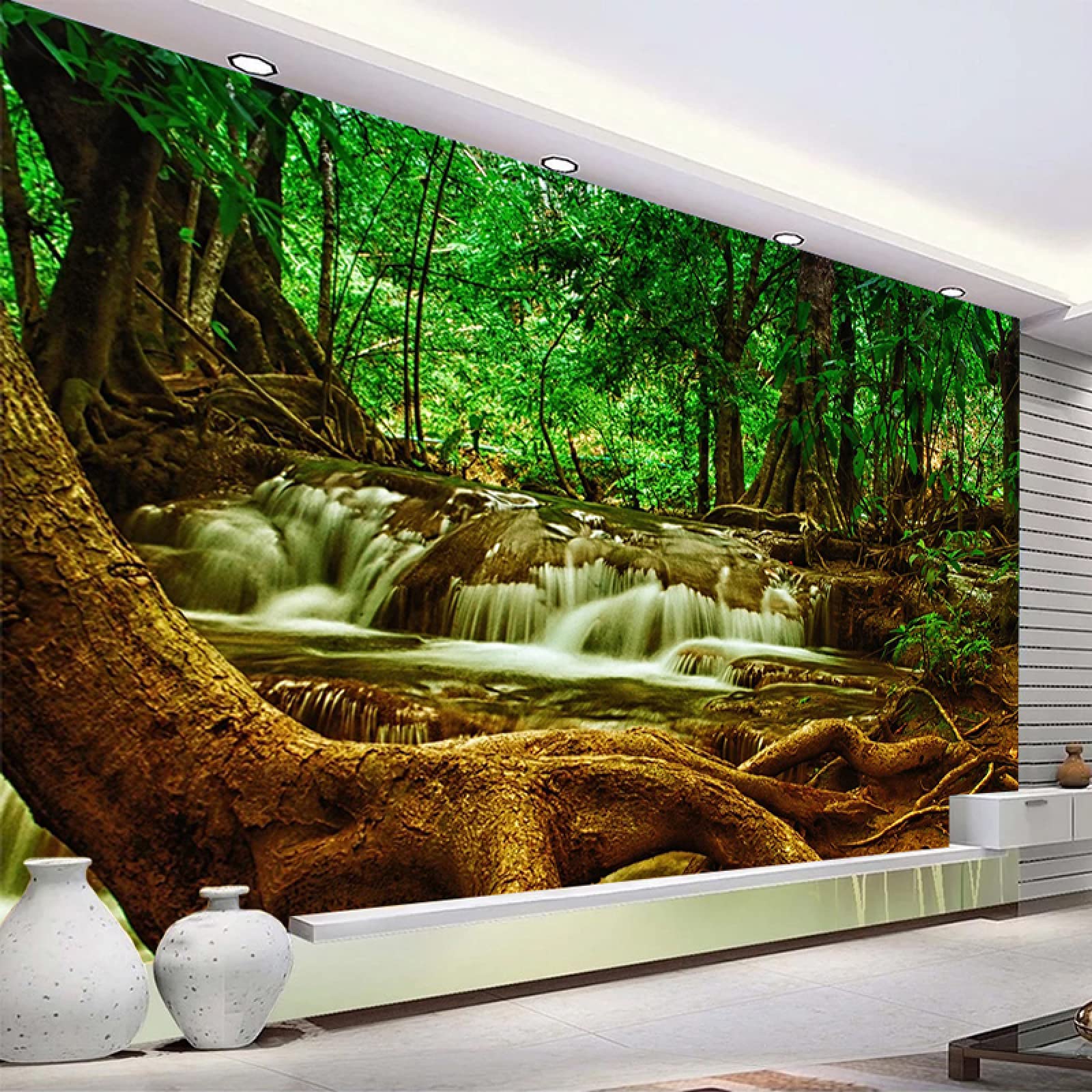 Green Tree Forest Waterfall 3D Wallpaper - Tropical Landscape Peel & Stick Removable Wall Mural for Nursery, Bedroom, Living Room Decor | Easy DIY Home Decoration for Kids Rooms & Hallways