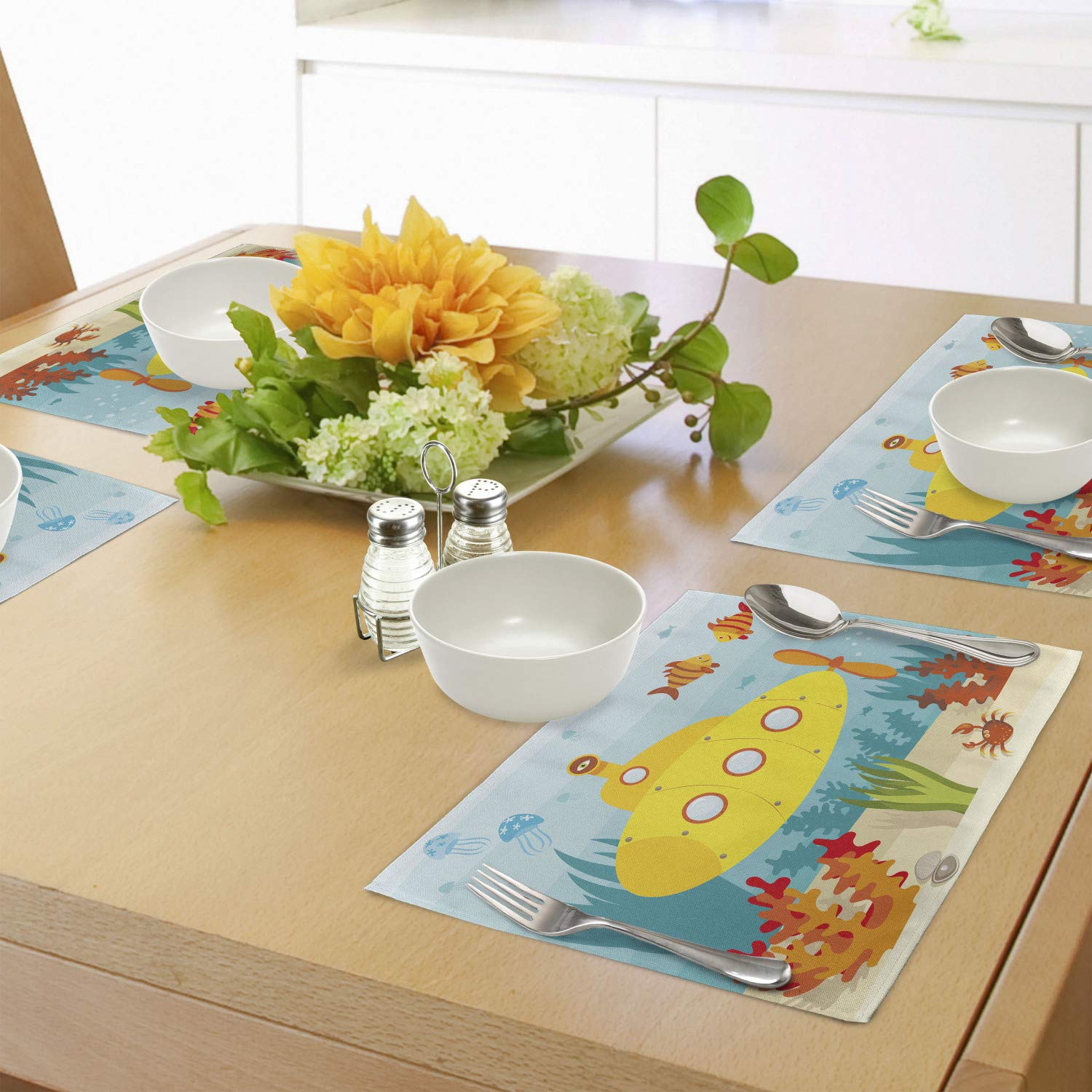Ambesonne Yellow Submarine Place Mats Set of 4 - Waterproof Washable Fabric Dining Mats with Sea Life Theme (Submarine, Fish & Crab Illustration) for Kitchen Table Decor in Yellow & Pale Blue - Perfect for Beach Themed Parties & Nautical Home Decor