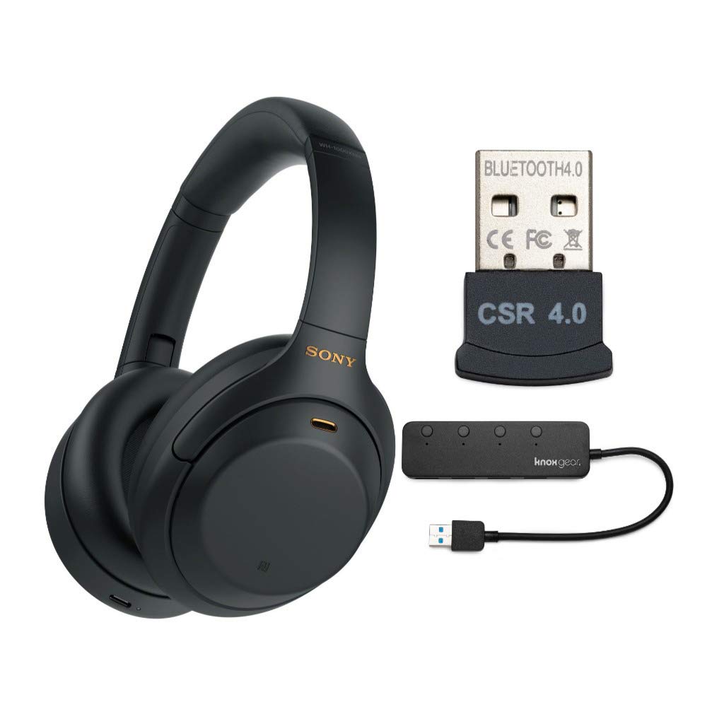 Sony WH-1000XM4 Wireless Noise Canceling Over-Ear Headphones (Black) with Knox Gear 4-Port USB Hub & Bluetooth Adapter - Premium Work from Home Bundle for Remote Work, Online Meetings & Music Listening