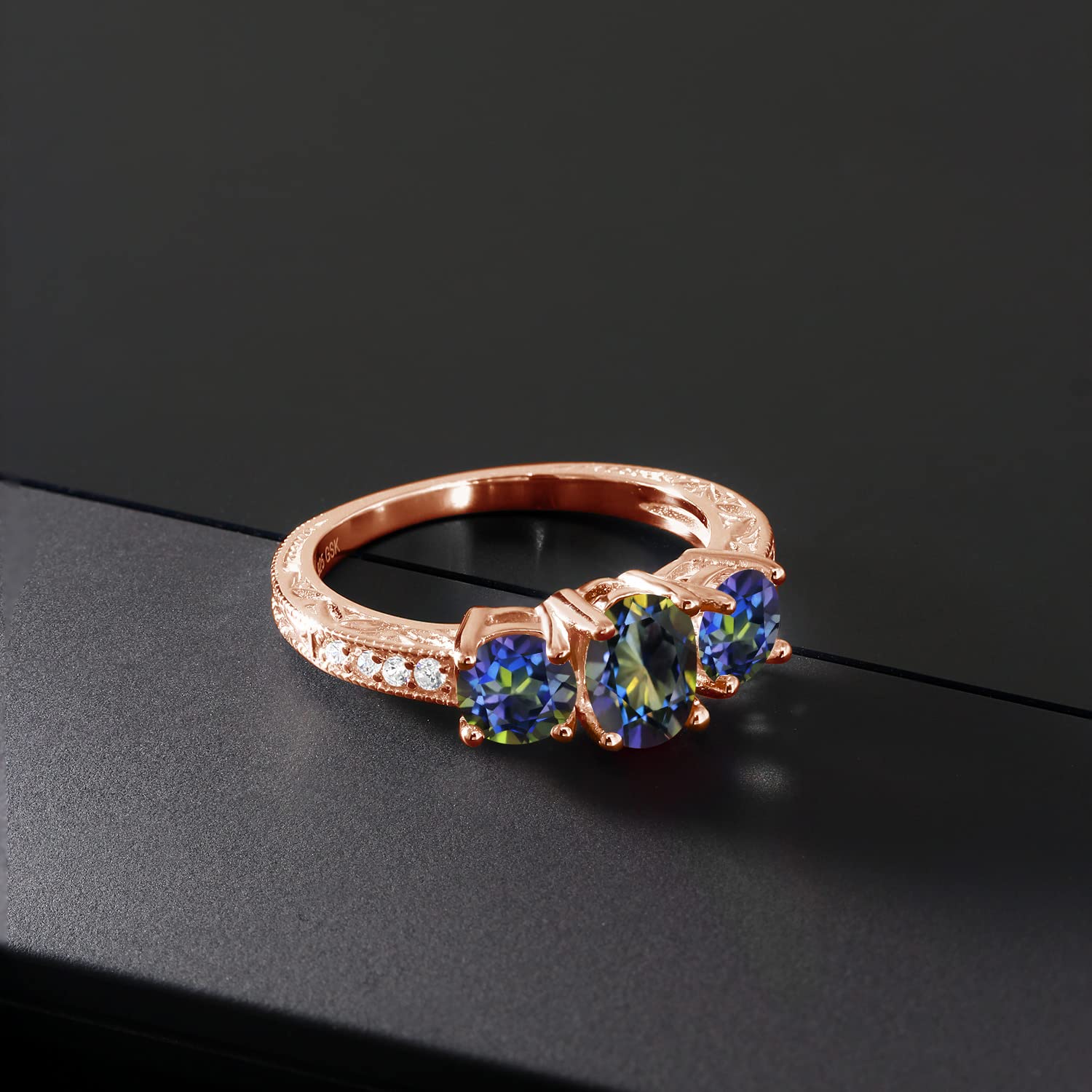 2.07 Ct Oval Blue Mystic Topaz & Moissanite Ring in 18K Rose Gold Plated Silver - Elegant Jewelry for Engagement, Wedding & Special Occasions