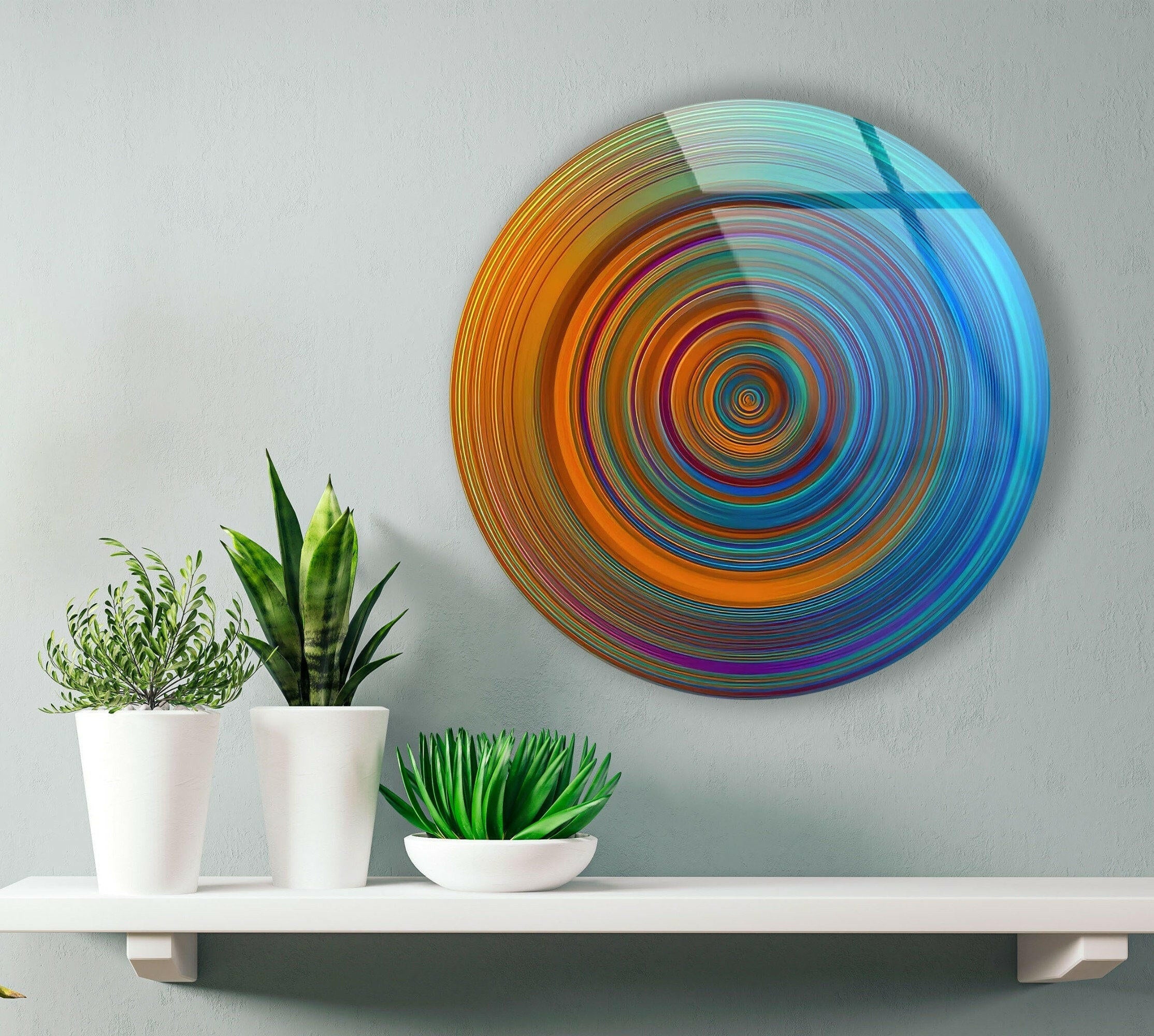 Blue Circles Abstract Round Glass Wall Art - Modern Home Decor for Living Room, Bedroom & Office - Handmade Glass Wall Hangings
