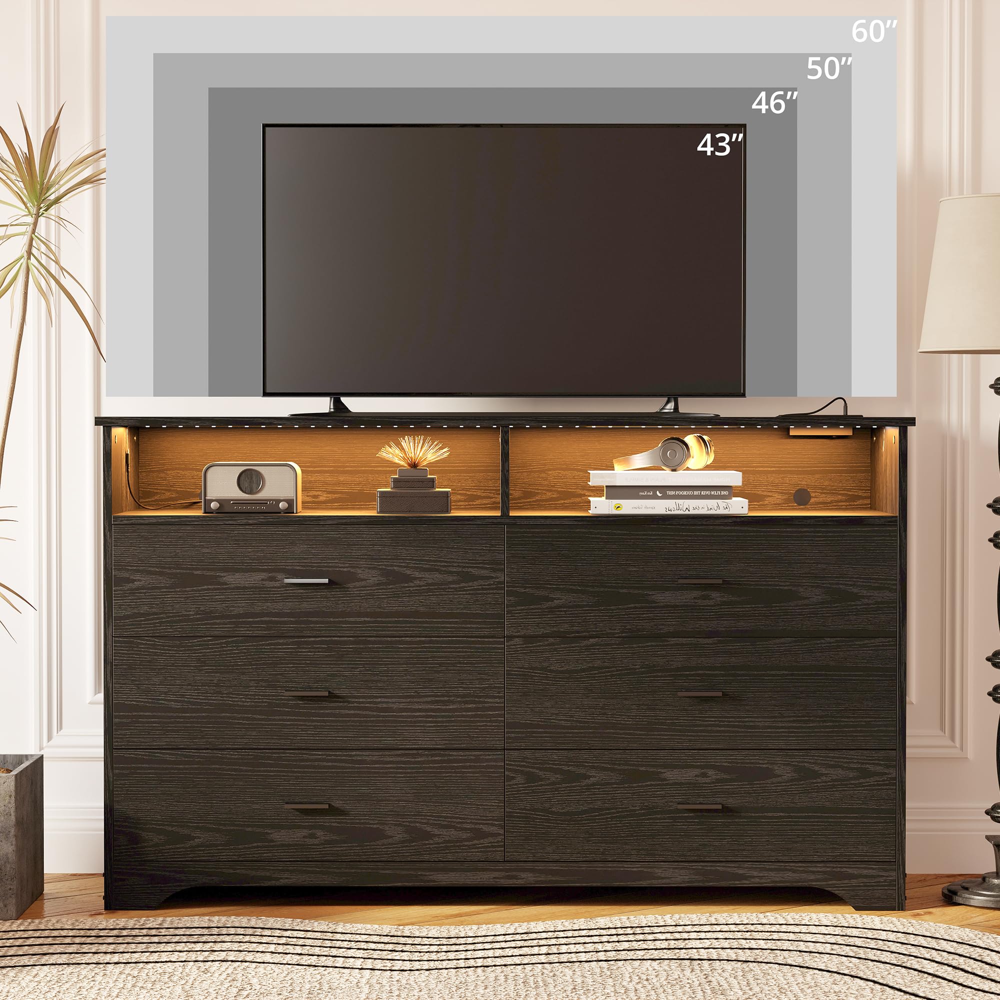 LIKIMIO 6-Drawer 59-Inch Black Dresser with LED Lights & Built-in Power Outlet - Modern Bedroom Storage Cabinet with Ample Space for Clothes, Accessories | Perfect for Master Bedroom, Guest Room & Dorm Organization