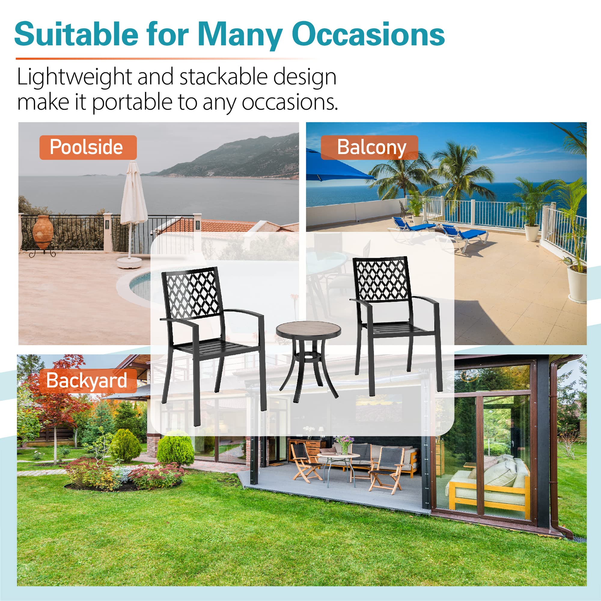 Sophia & William 3-Piece Patio Bistro Set - 2 Stackable Metal Chairs & Round Side Table - Outdoor Furniture for Backyard, Balcony, Garden & Indoor Use - Perfect for Relaxing, Dining & Entertaining