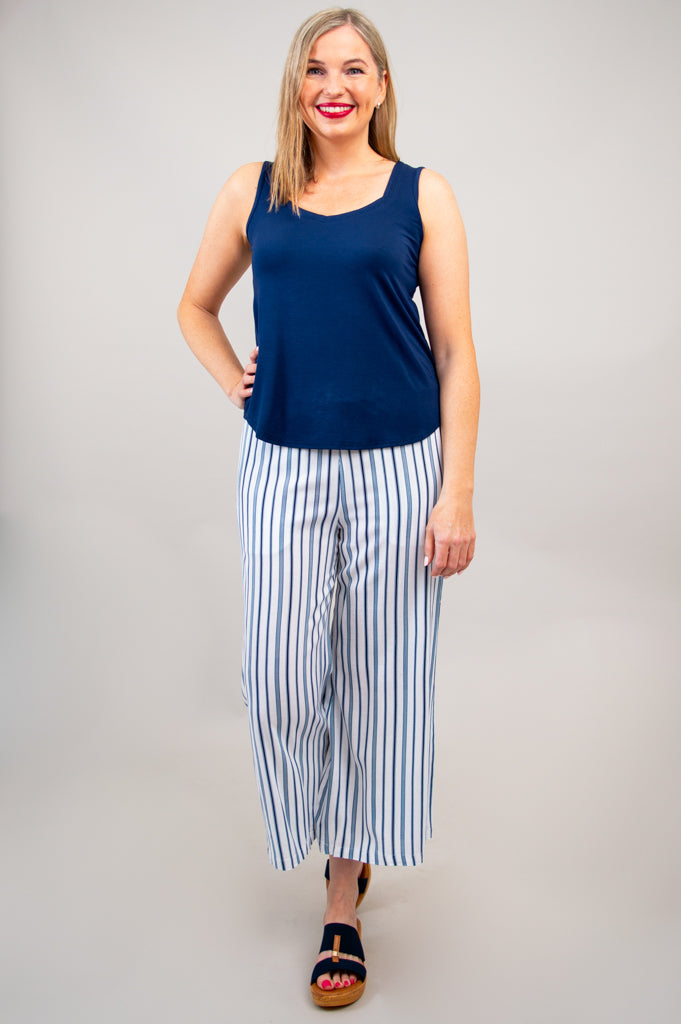 Landon Capri Pants - Indigo Stripe Linen Bamboo Blend for Women | Comfortable Summer Casual Wear for Beach, Travel & Everyday Outfits