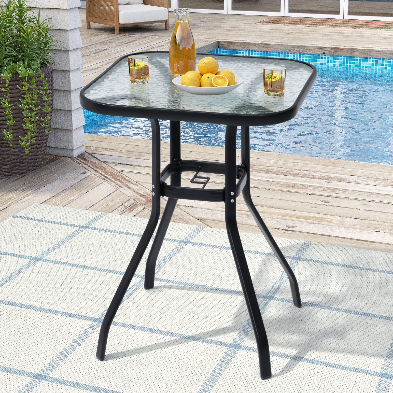 **Outdoor Bar Table with Umbrella Hole - Aluminum Frame & Tempered Glass Top Patio Dining Bistro Table - Durable Banquet Furniture for Garden, Pool, Deck, Lawn (Black) - Perfect for Outdoor Entertaining & Relaxation**