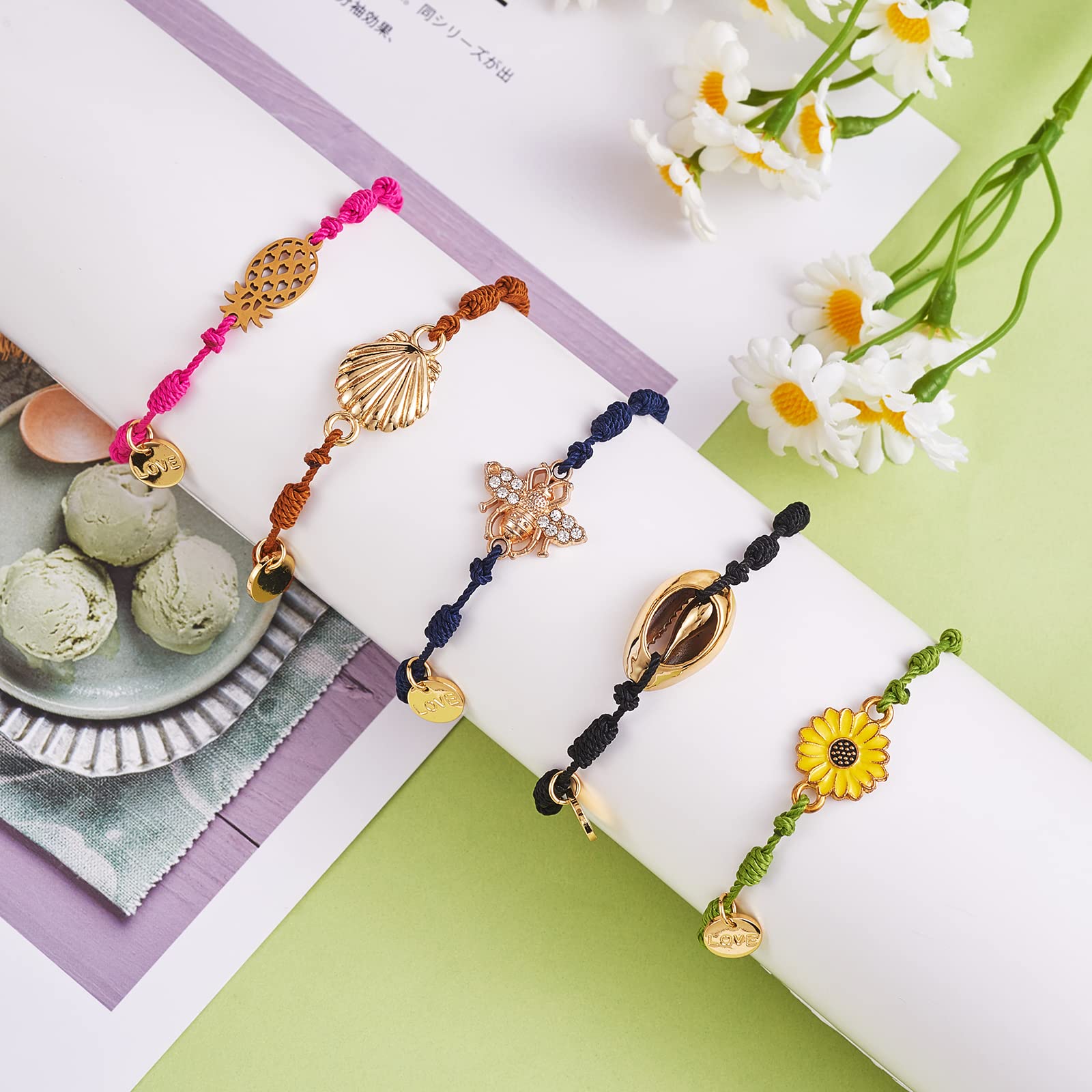 Ornaland 5-Piece Braided Knot Bracelets Set - Natural Shell Flower, Pineapple & Bee Charms with Love Word Disc - Boho Beach Jewelry for Women | Perfect for Summer Outfits, Gifts & Layered Bracelet Stacks