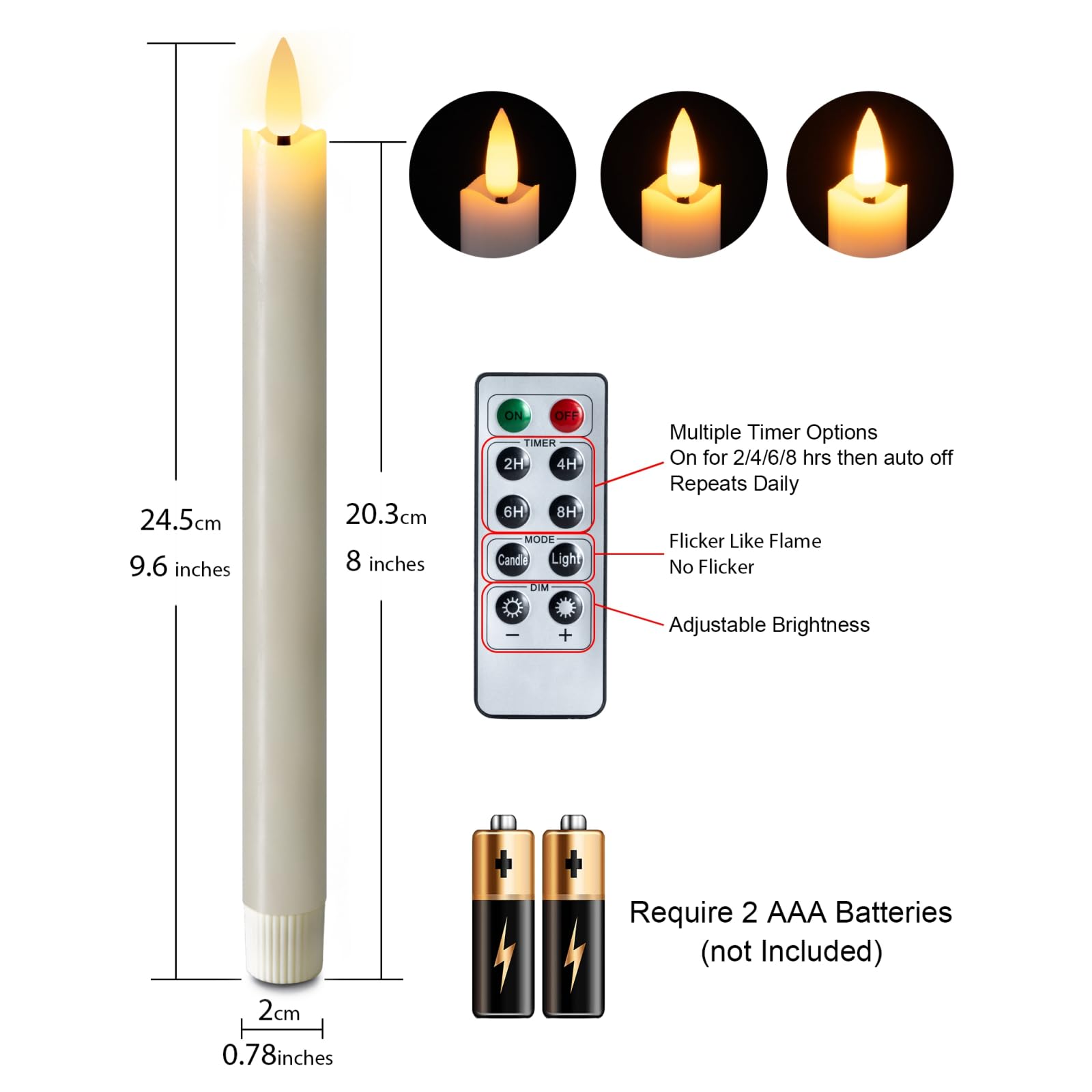 Homemory 9.6 Inch LED Flameless Taper Candles with Remote Timer & Dimmer - Battery Operated Flickering Candlesticks for Windows - Ivory Set of 6 - Perfect for Christmas Decor, Wedding Centerpieces, Romantic Dinners & Holiday Home Ambiance