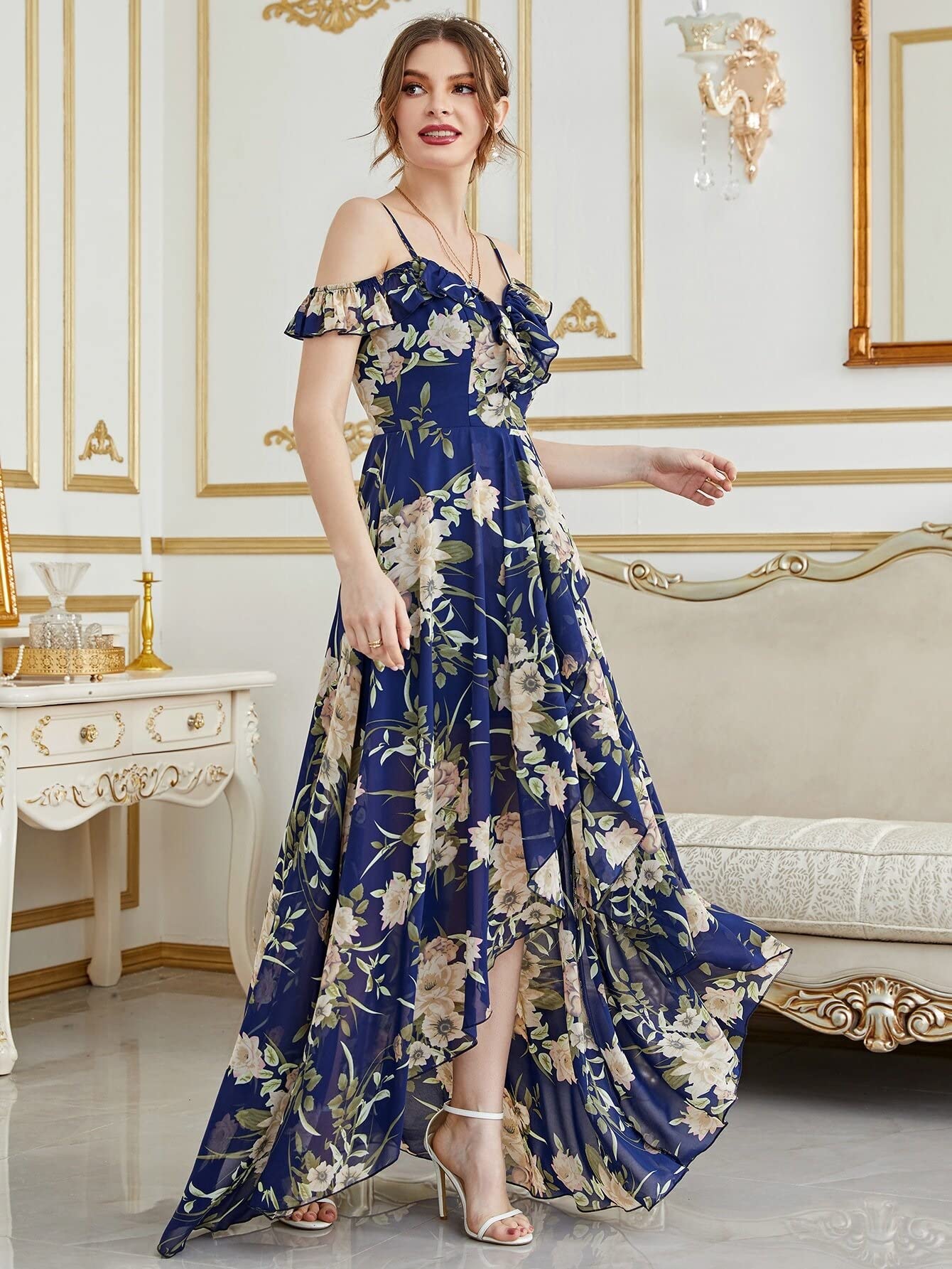 Women's Floral Cold Shoulder High-Low Hem Summer Dress - Beach, Casual, Holiday & Party Wear | Lightweight & Comfortable for Outdoor Activities, Vacations & Special Occasions