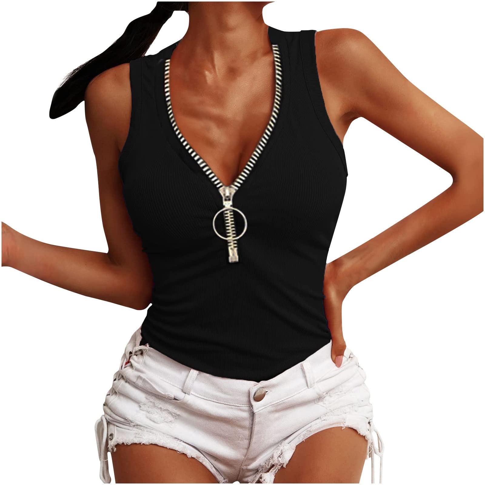 Women's V Neck Cropped Tank Top with Zipper - Casual Solid Sleeveless Pullover Shirt | Perfect for Summer Outfits, Gym Wear & Layering